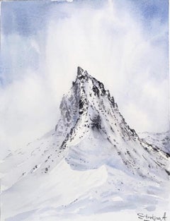 Pittura di paesaggi montani invernali. Neve, bianco, blu, verticale, alpi