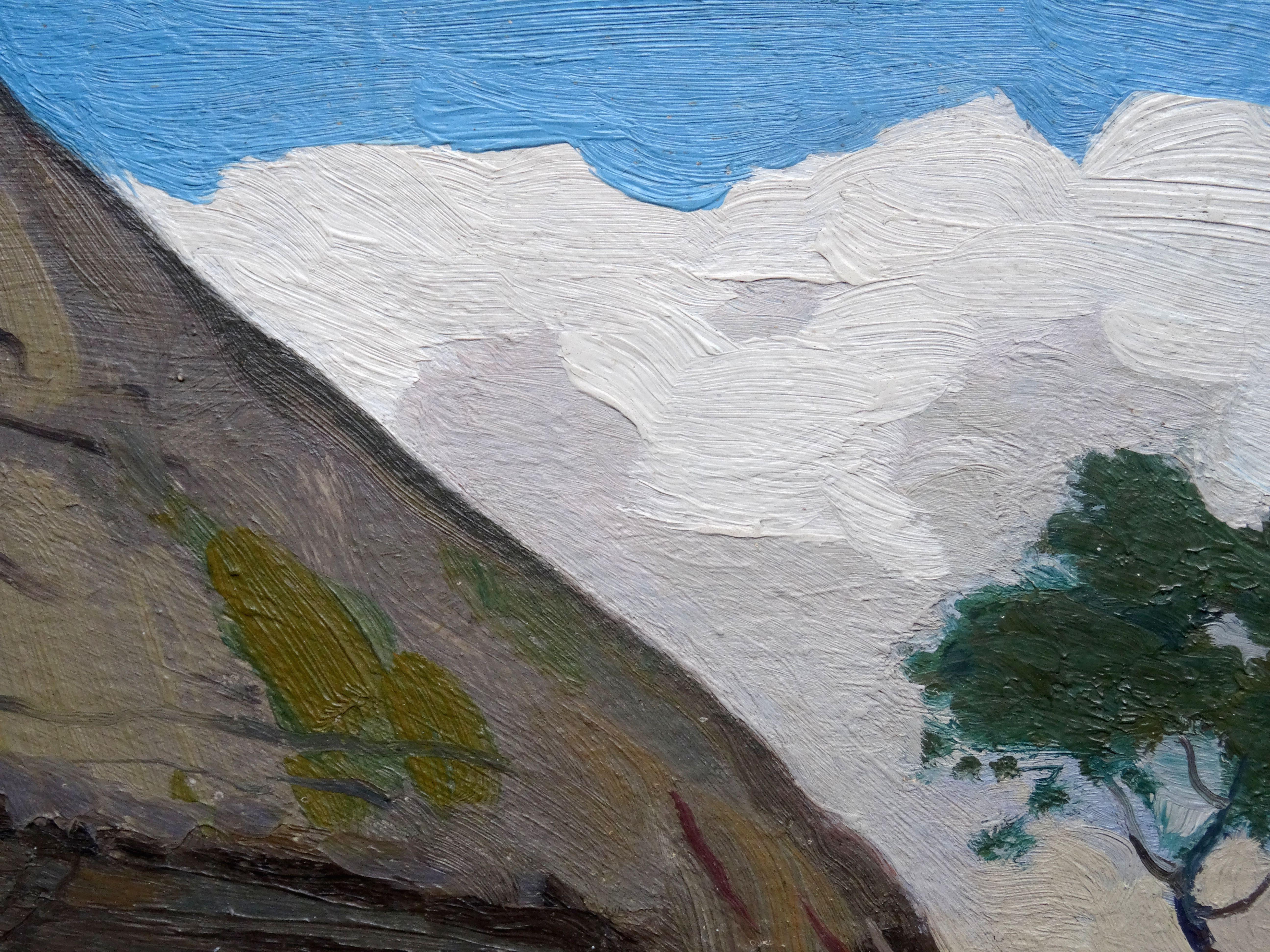L'ancien granaire. Huile sur carton, 24, 5x45 cm - Gris Landscape Painting par Aleksandrs Cirulis