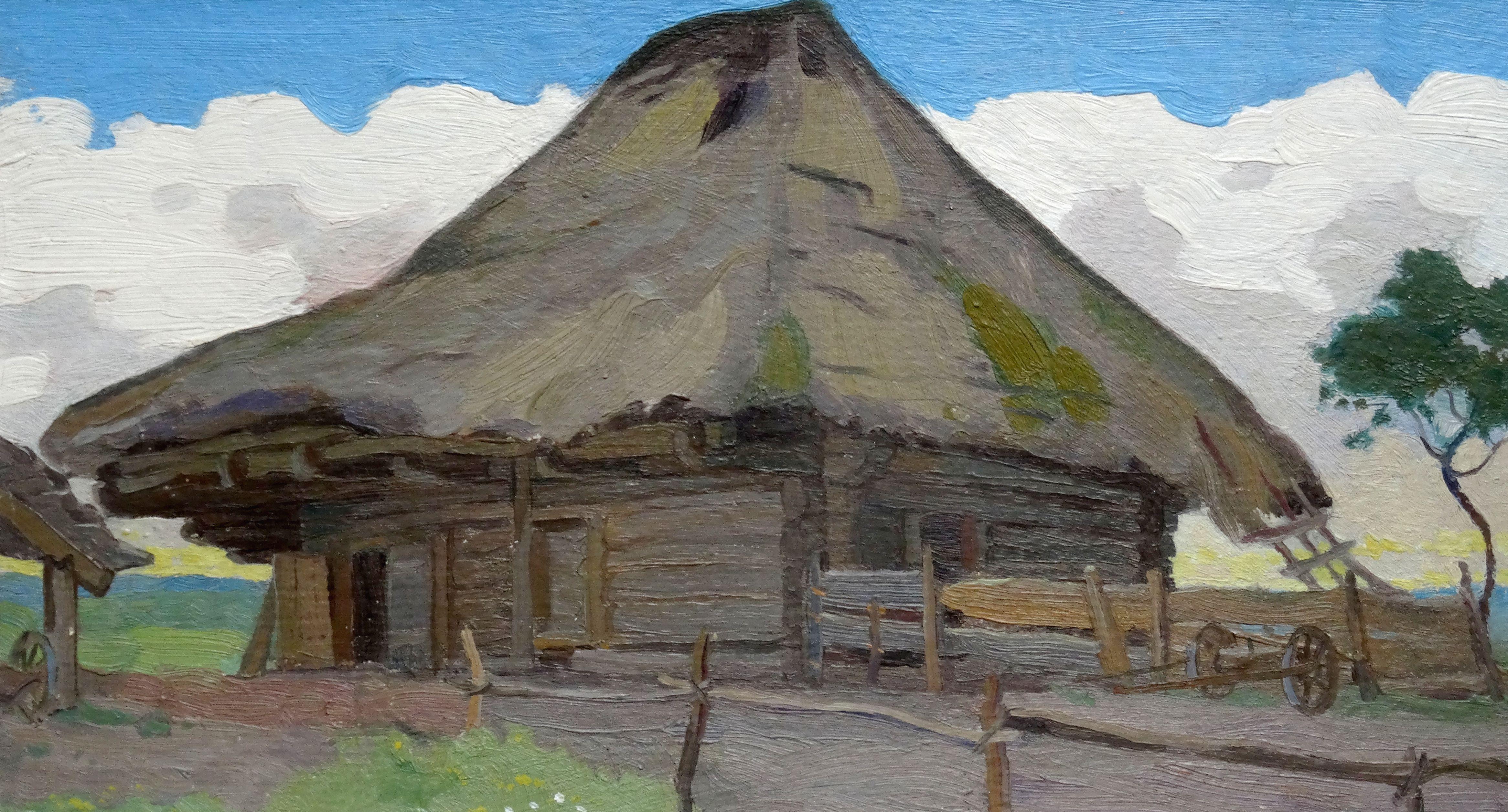 Landscape Painting di Aleksandrs Cirulis - Il vecchio granaio. Olio su cartone, 24, 5x45 cm