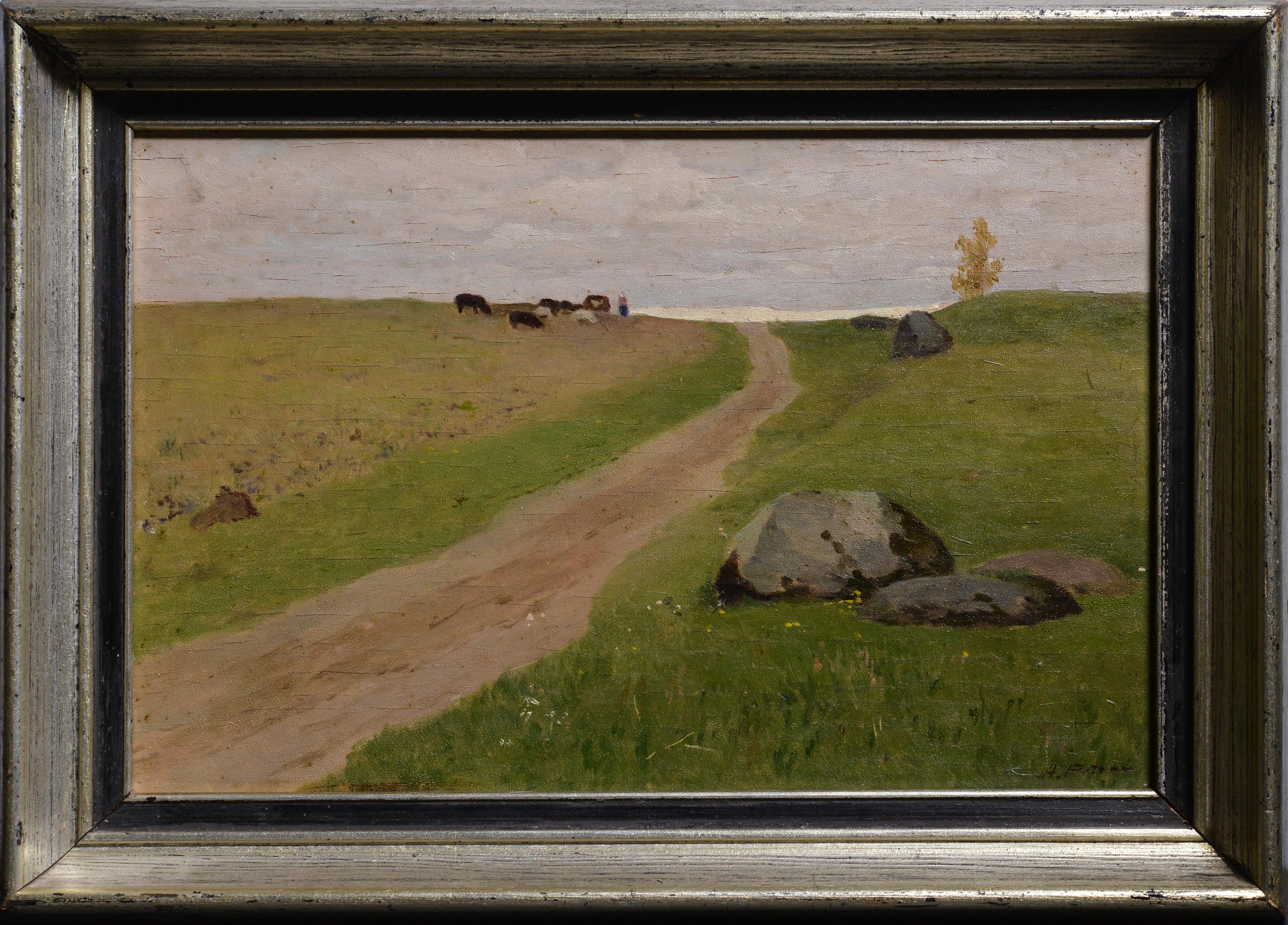 Aleksandrs Petrovs Landscape Painting - Latvian Pastoral Field Landscape by Petrovs first half 20th century Oil Painting