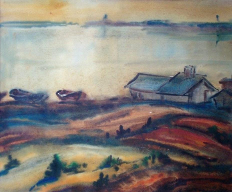 Aleksandrs Zviedris  Landscape Painting - Boats by the lake. 1960s. Paper, watercolour, 49x58 cm