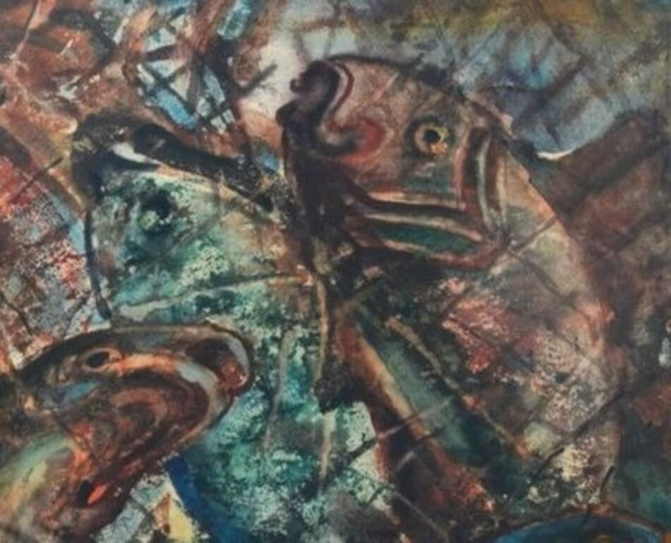 Composition with fishes. 1976, watercolor on paper, 54x74 cm  - Painting by Aleksandrs Zviedris 