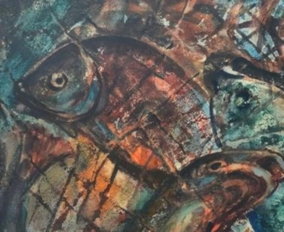 Composition with fishes. 1976, watercolor on paper, 54x74 cm  - Realist Painting by Aleksandrs Zviedris 