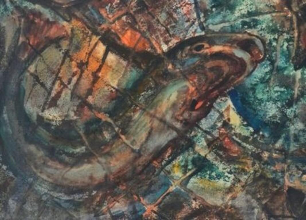 Composition with fishes. 1976, watercolor on paper, 54x74 cm  - Gray Landscape Painting by Aleksandrs Zviedris 