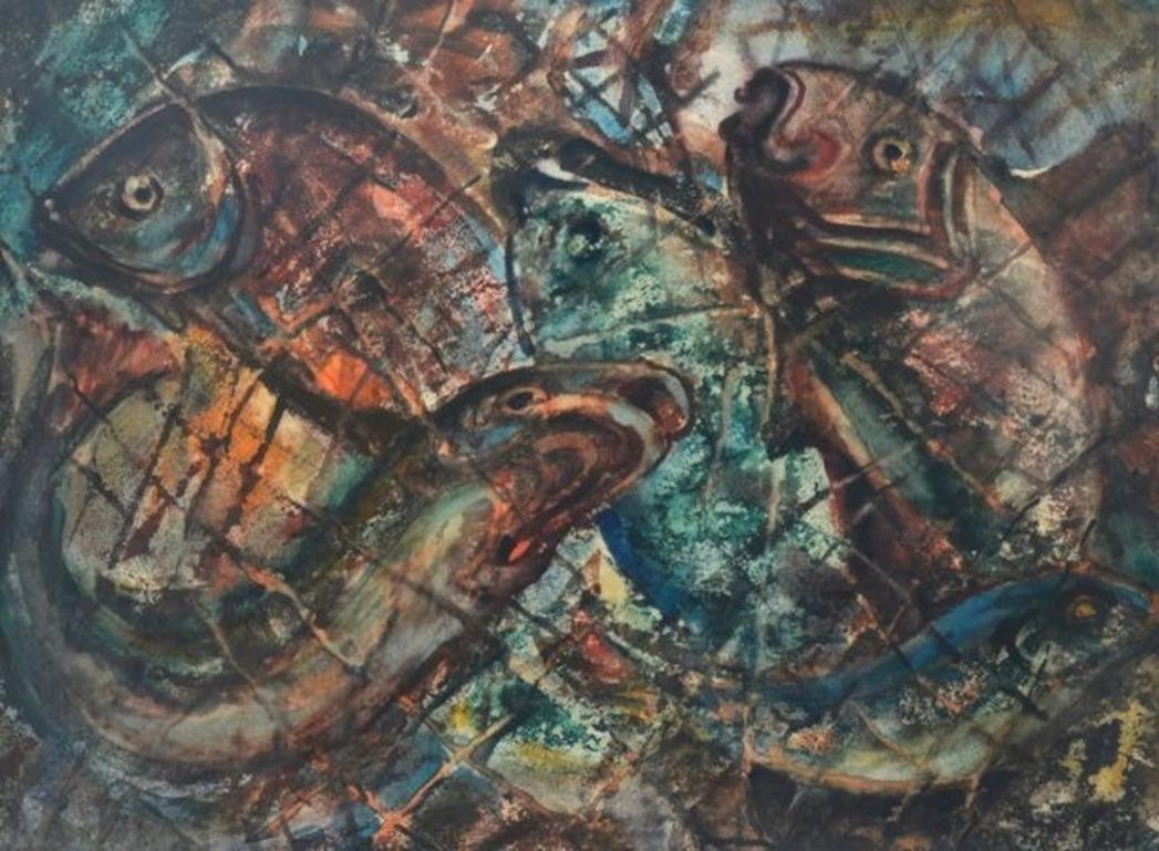 Aleksandrs Zviedris  Landscape Painting - Composition with fishes. 1976, watercolor on paper, 54x74 cm 