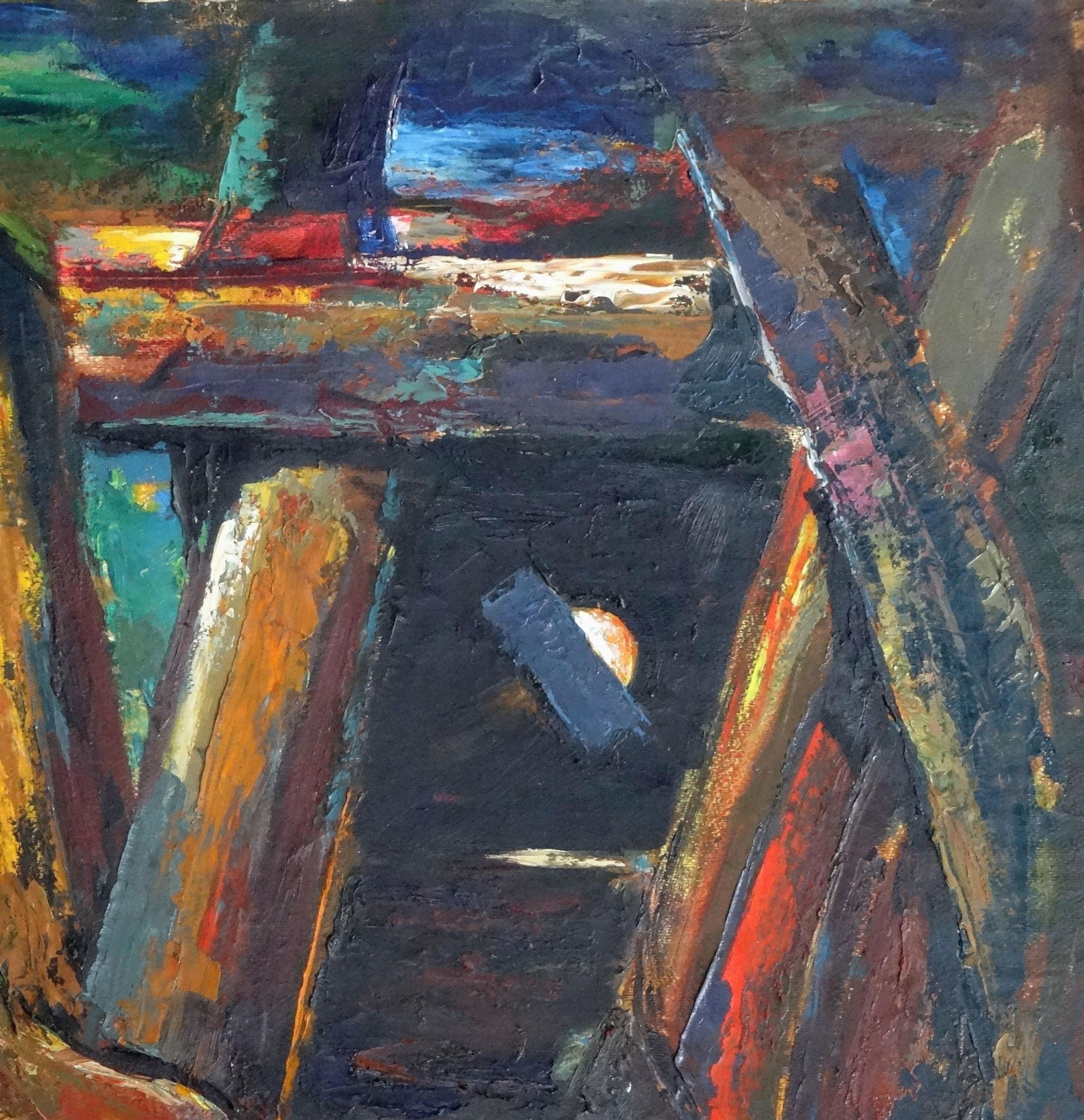 Fire and night, 1971. Oil on cardboard, 81x100 cm - Abstract Impressionist Painting by Aleksandrs Zviedris 