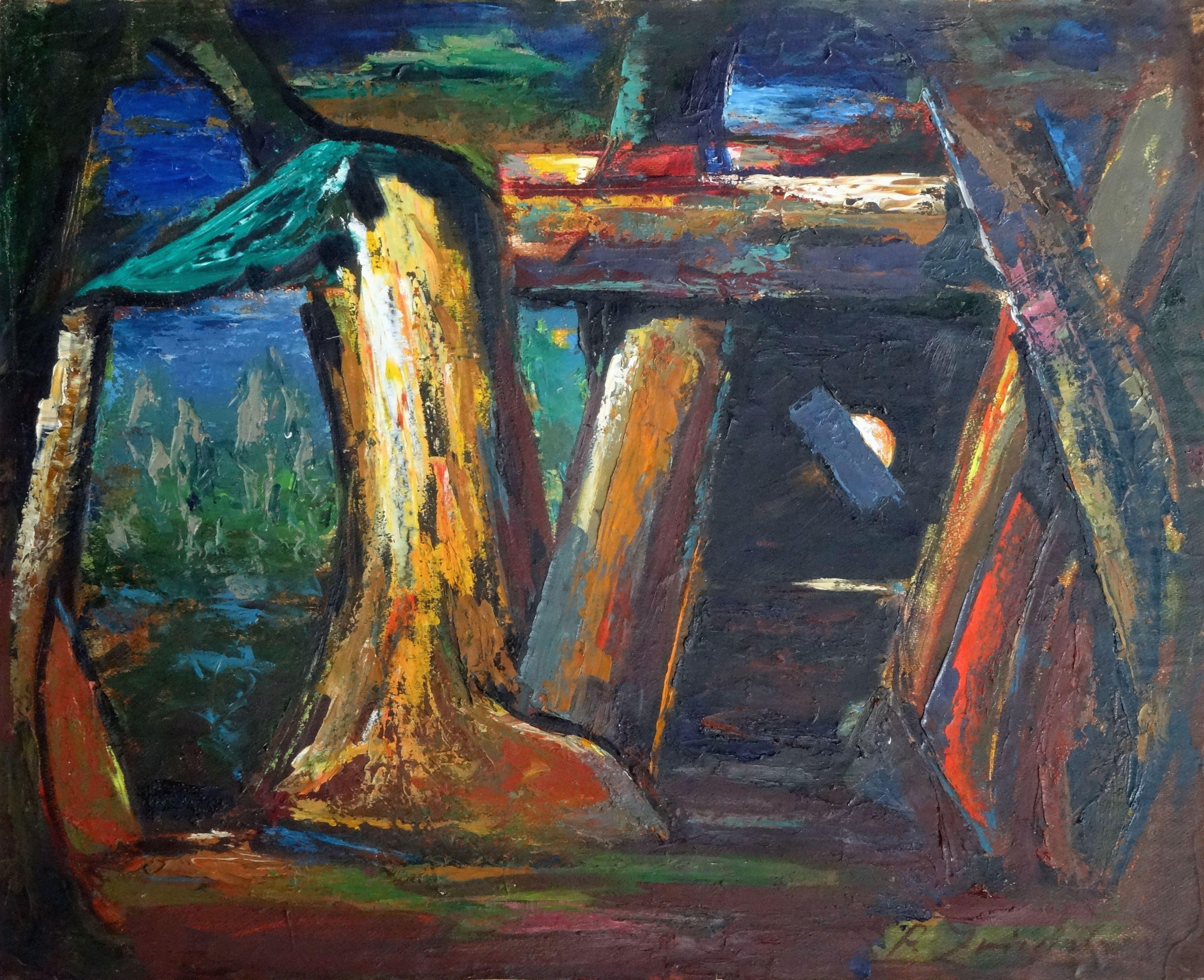 Aleksandrs Zviedris  Abstract Painting - Fire and night, 1971. Oil on cardboard, 81x100 cm
