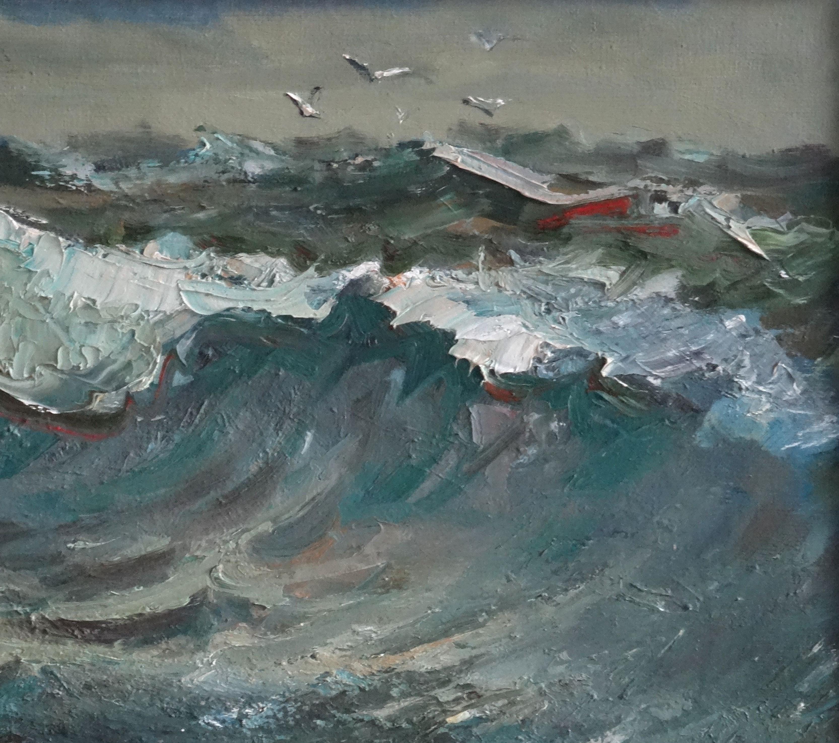 Gulls over the sea,  1973. Oil on canvas, 50x70 cm - Painting by Aleksandrs Zviedris 