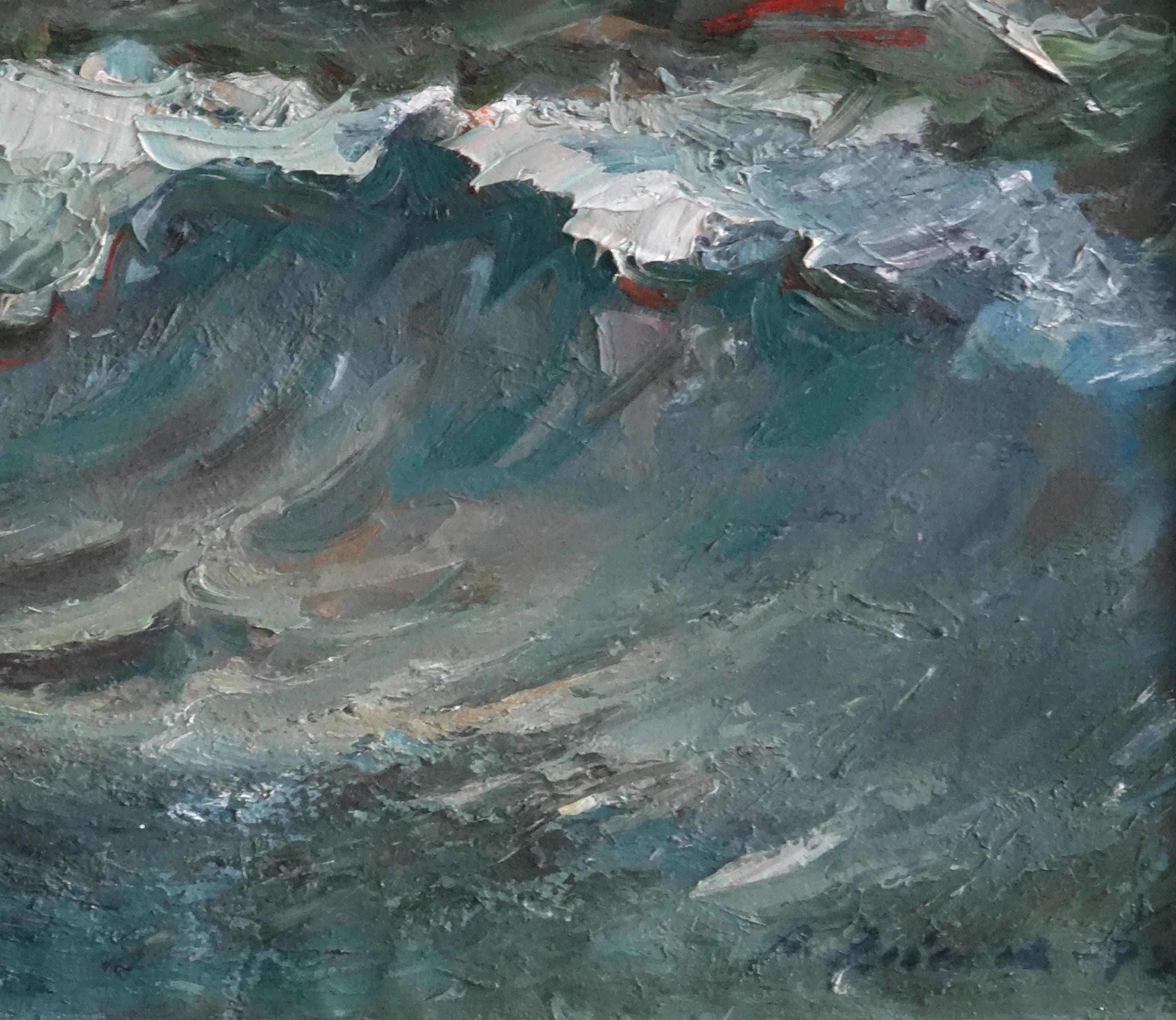 Gulls over the sea,  1973. Oil on canvas, 50x70 cm - Impressionist Painting by Aleksandrs Zviedris 