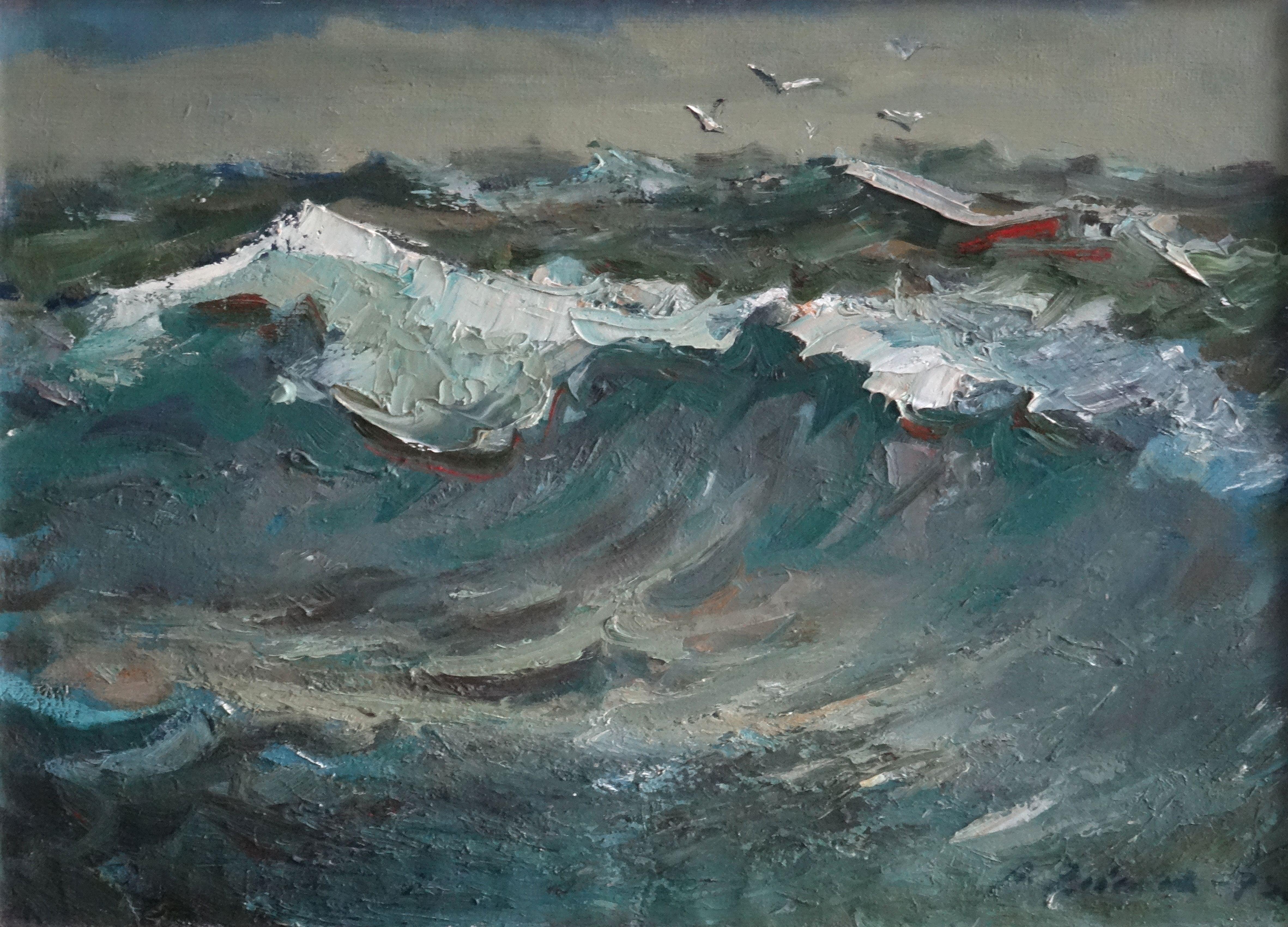 Aleksandrs Zviedris  Landscape Painting - Gulls over the sea,  1973. Oil on canvas, 50x70 cm