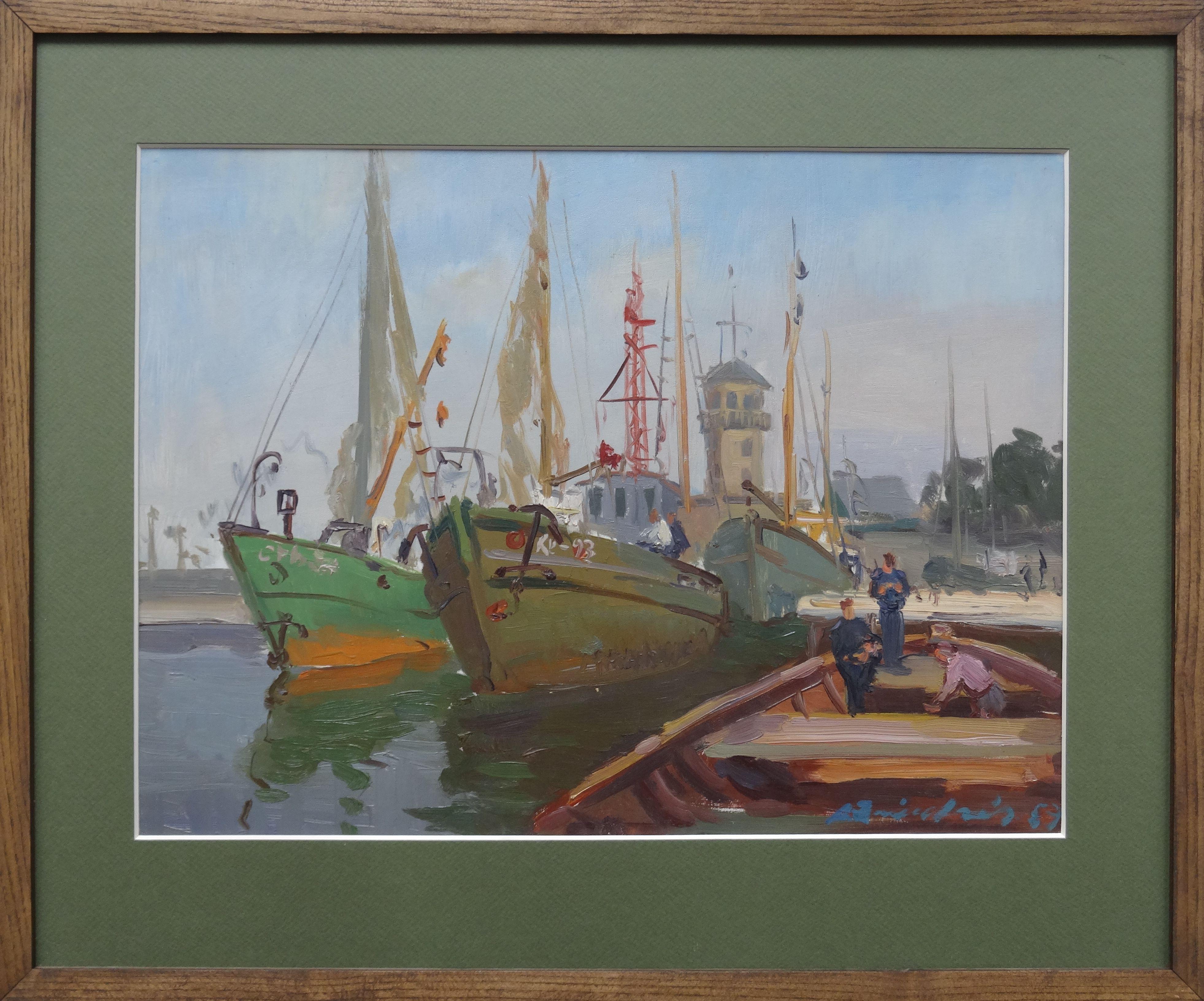 Ships In the port. 1969. Cardboard, oil, 34x45 cm - Painting by Aleksandrs Zviedris 