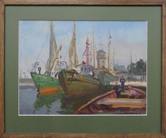 Ships In the port. 1969. Cardboard, oil, 34x45 cm