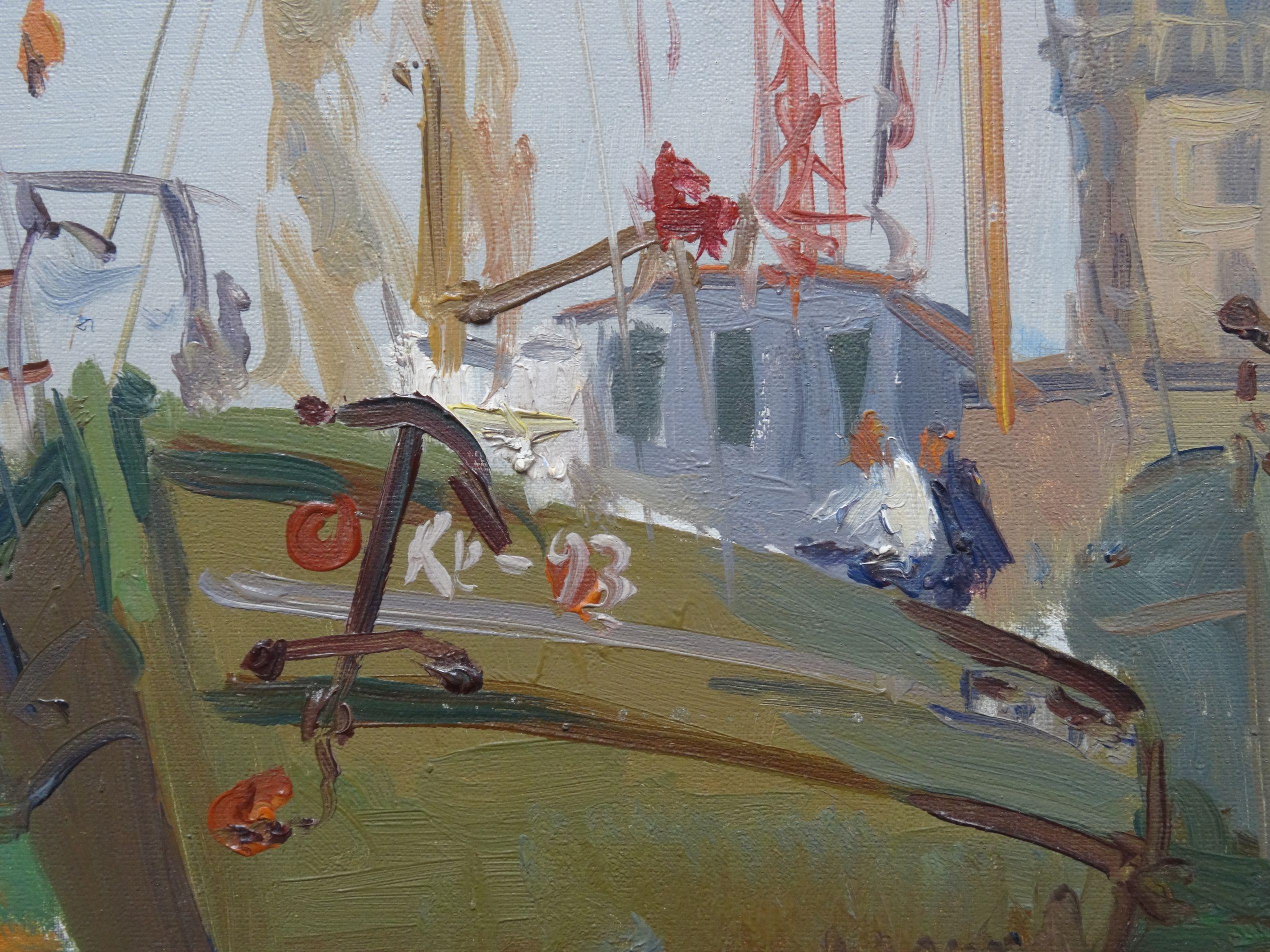 Ships In the port. 1969. Cardboard, oil, 34x45 cm - Impressionist Painting by Aleksandrs Zviedris 