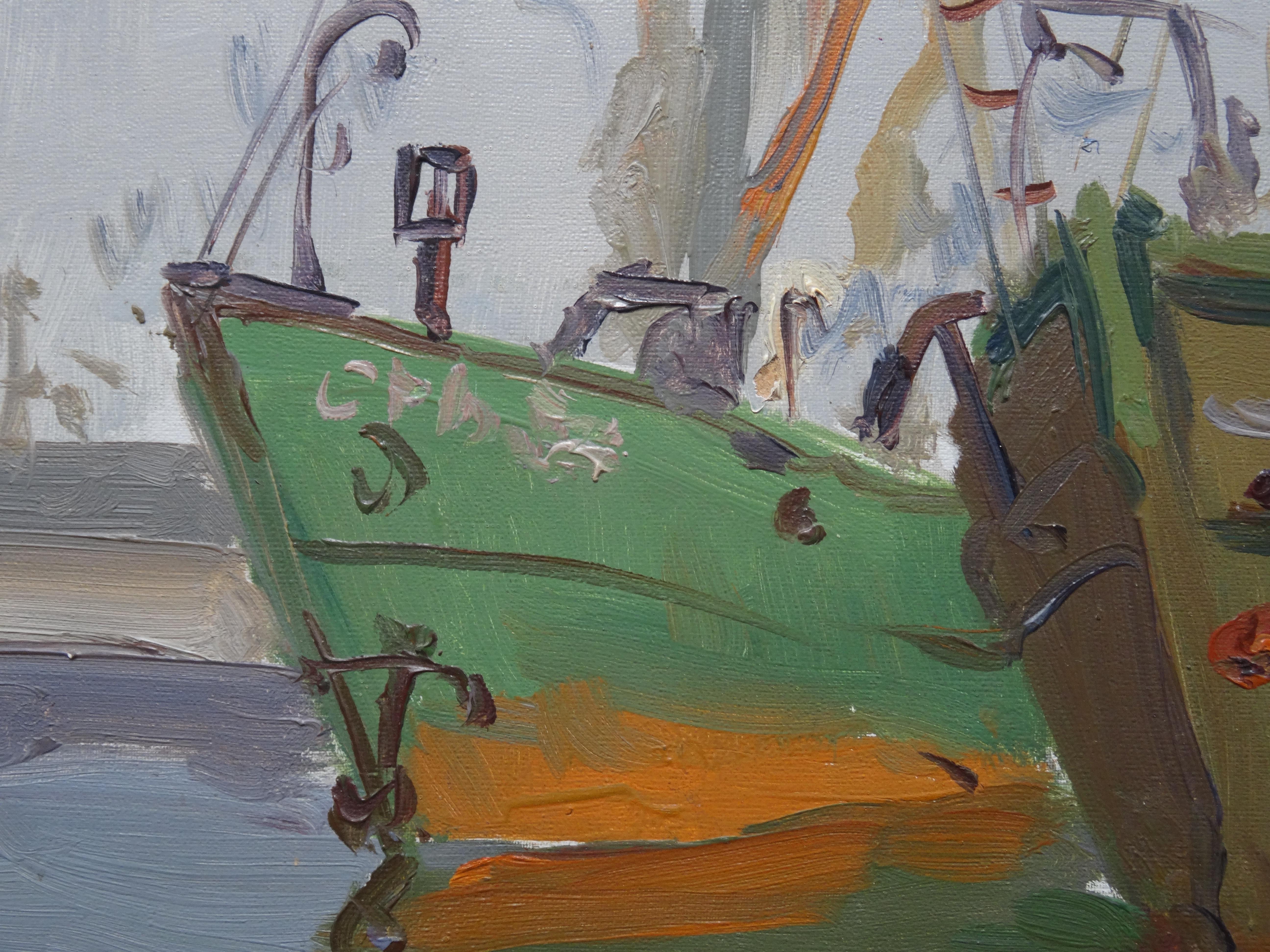 Ships In the port. 1969. Cardboard, oil, 34x45 cm - Gray Landscape Painting by Aleksandrs Zviedris 