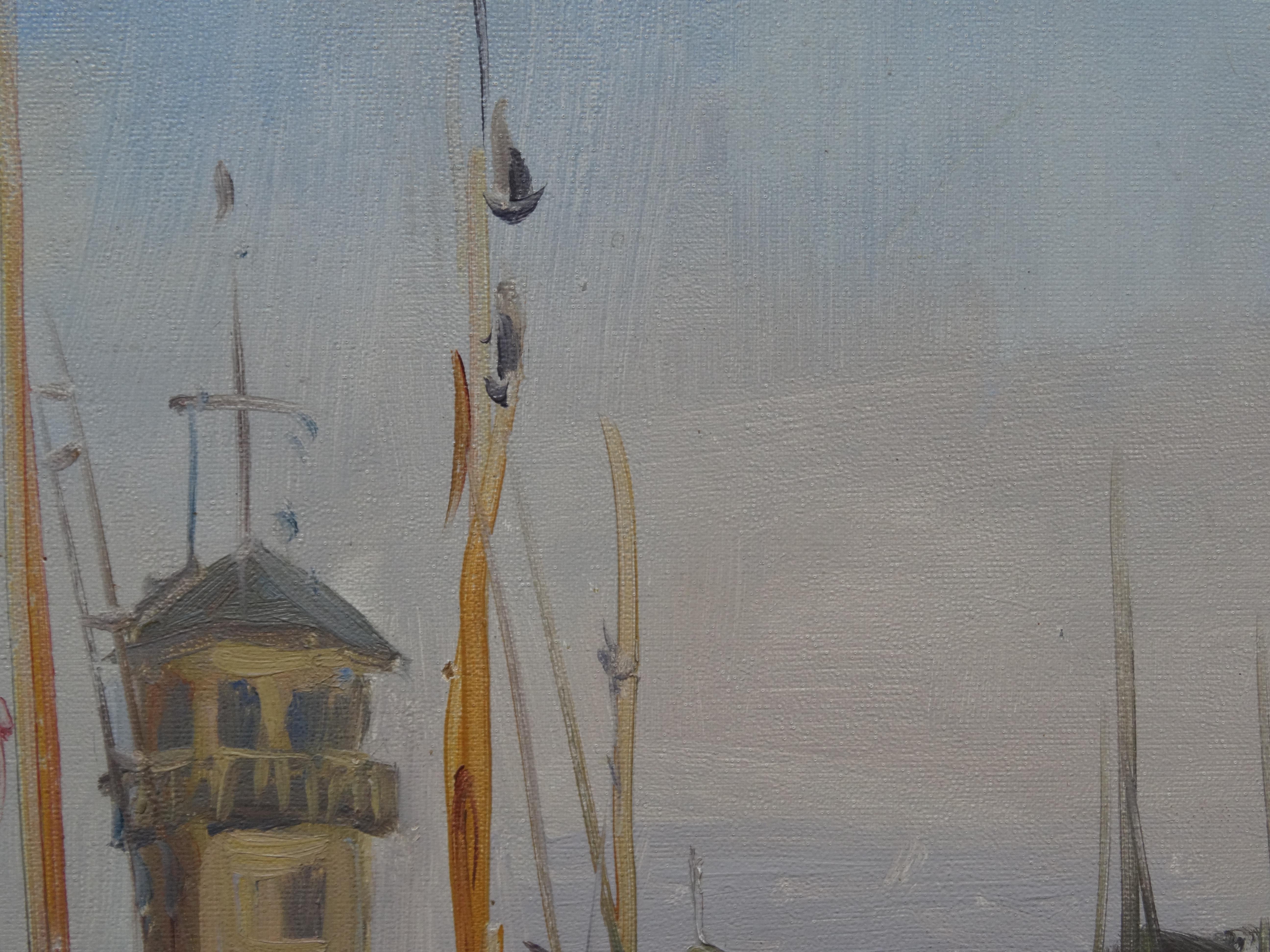 Barcos en el puerto. 1969. Cartón, óleo, 34x45 cm en venta 1