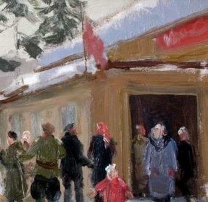 Kolkhoz im Winter. 1950, Öl auf Karton, 28,5 x 35,5 cm – Painting von Aleksandrs Zviedris 