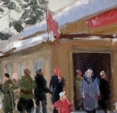 Kolkhoz in inverno. 1950, olio su cartone, 28,5x35,5 cm