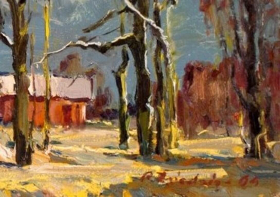Paisaje. 1964. Óleo sobre cartón, 48x70 cm - Abstract Painting Gris de Aleksandrs Zviedris 