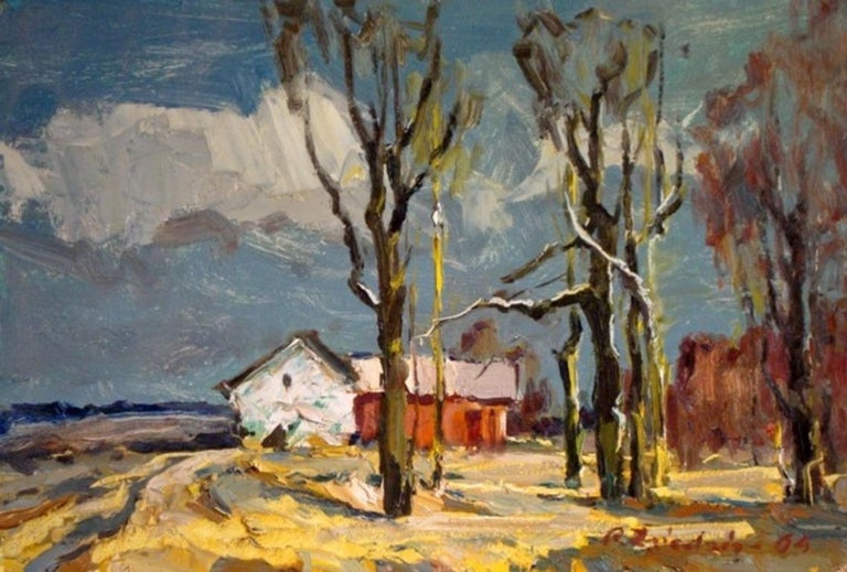Aleksandrs Zviedris  Abstract Painting - Landscape. 1964. Oil on cardboard, 48x70 cm