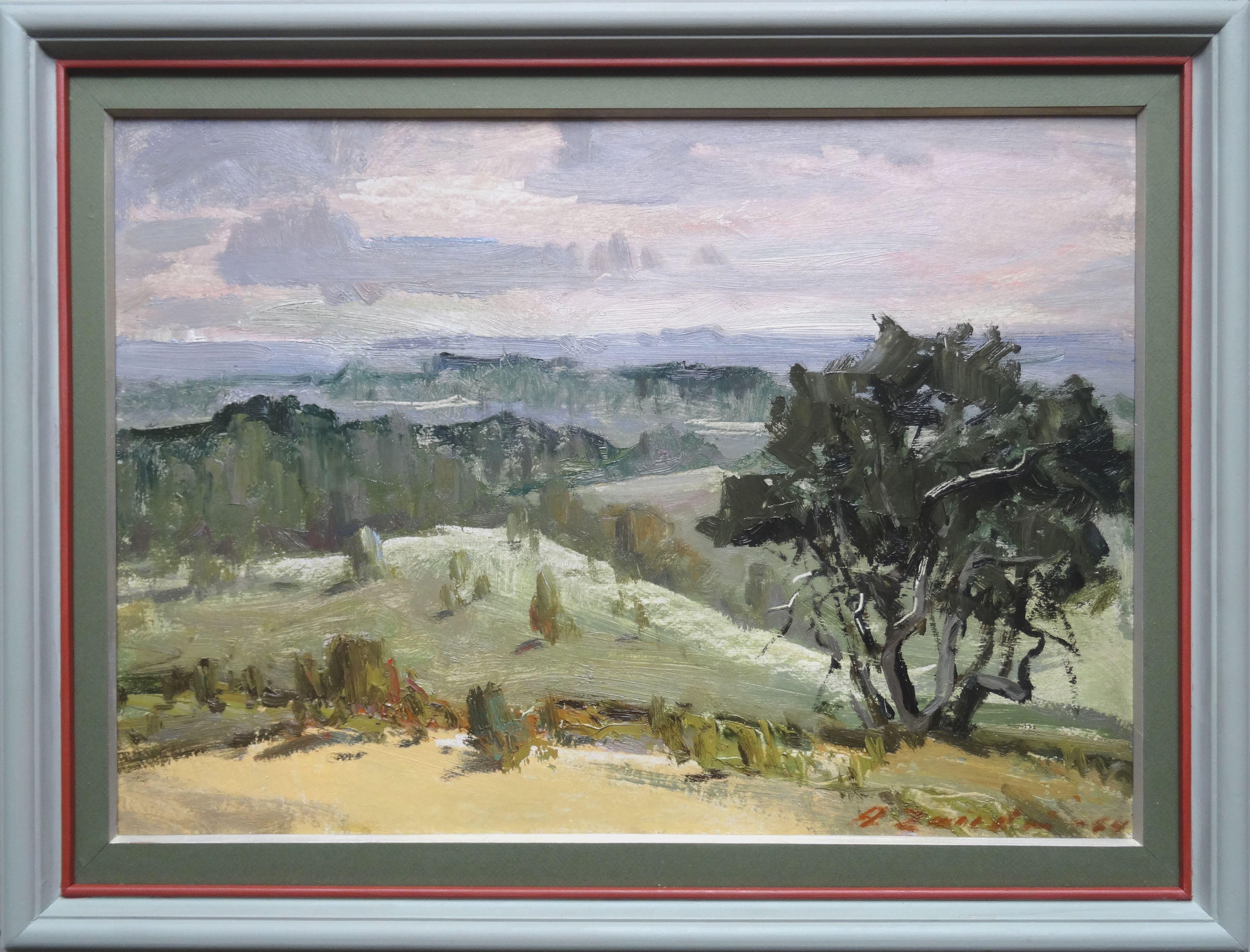 Landschaft mit einer Weide. 1964:: Öl auf Karton:: 48x67 cm – Painting von Aleksandrs Zviedris 
