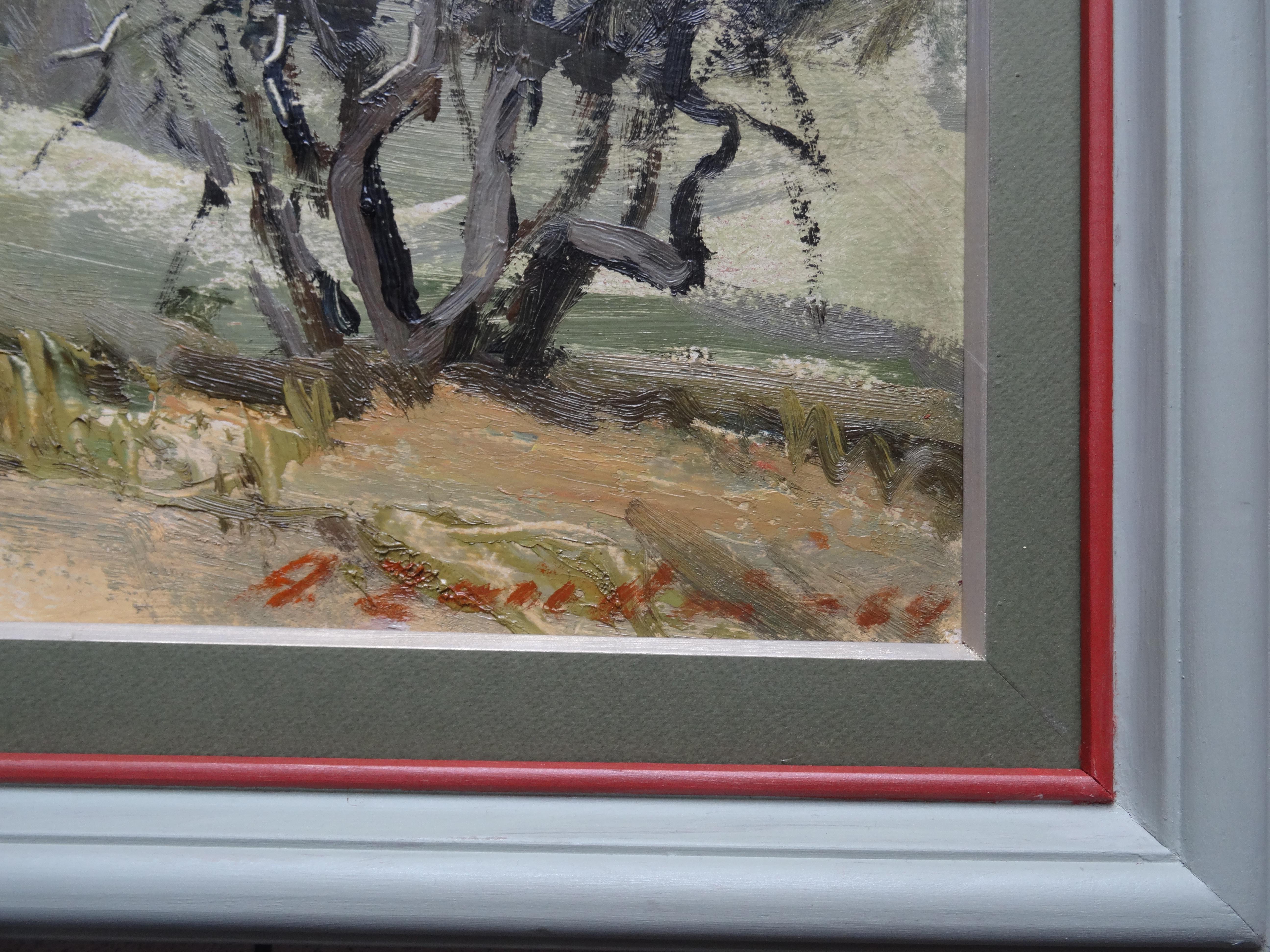 Landschaft mit einer Weide. 1964:: Öl auf Karton:: 48x67 cm (Realismus), Painting, von Aleksandrs Zviedris 