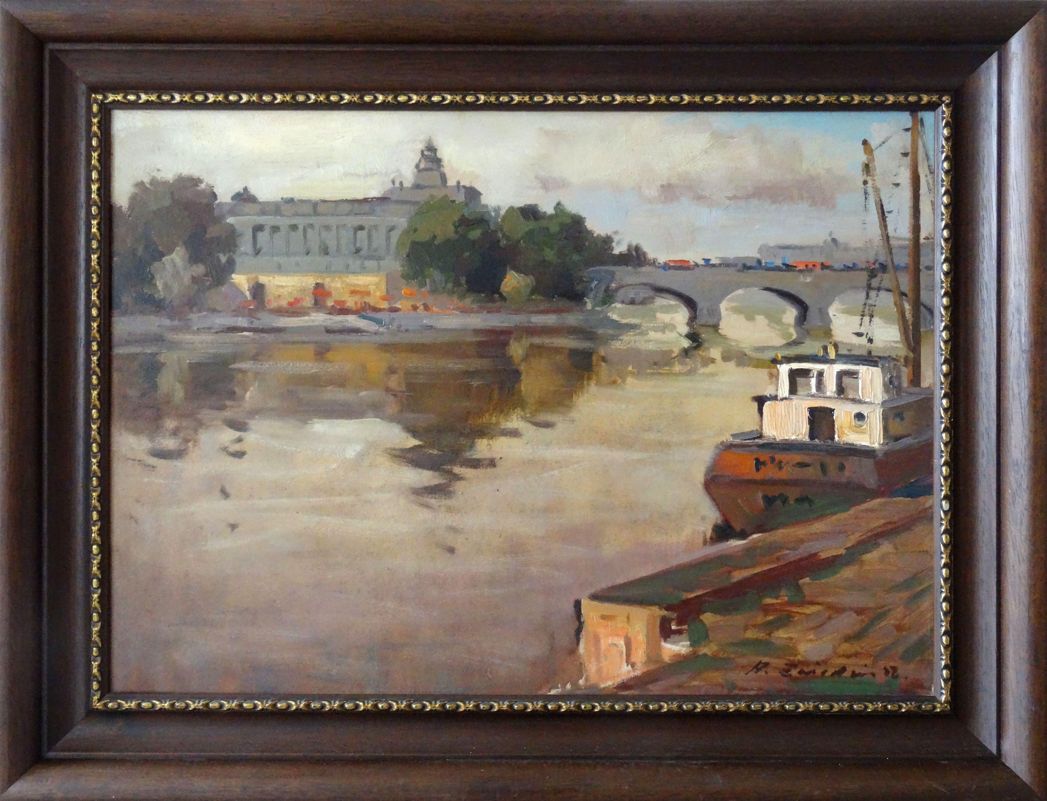 River with the bridge and ship ( River with the bridge and ship (le pont et le navire) in earth colors. 1956. Huile sur panneau, 49 x69 cm - Painting de Aleksandrs Zviedris 