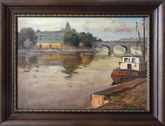 Río con el puente y el barco en colores tierra. 1956. Óleo sobre tabla, 49x69 cm