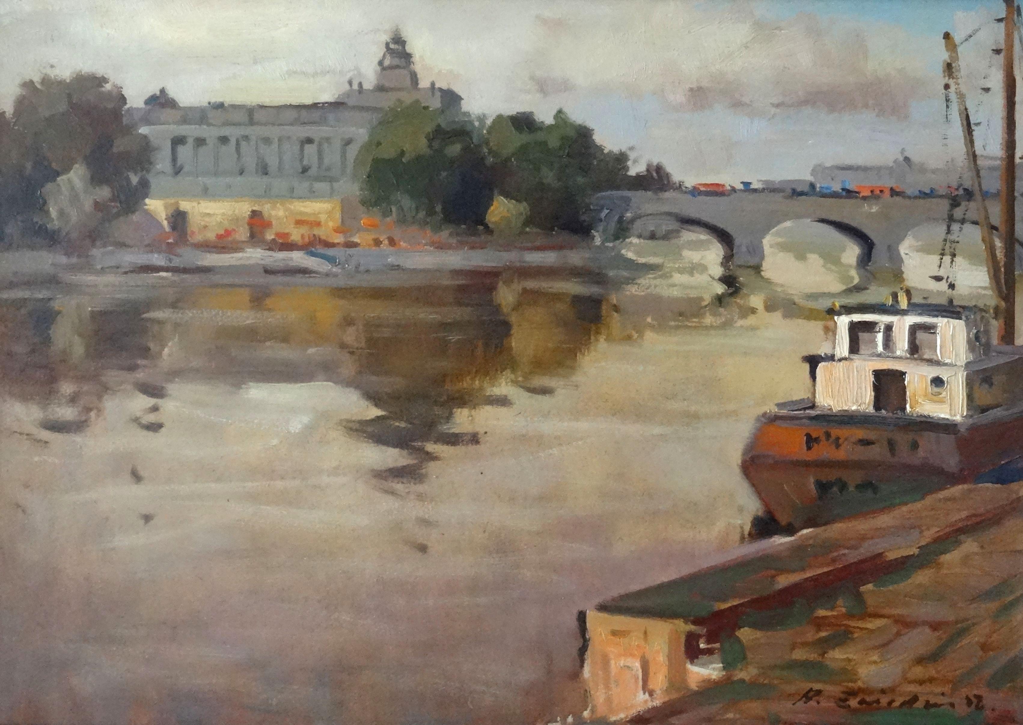 River mit der Brücke und dem Schiff in Erdfarben. 1956. Ölgemälde auf Karton, 49x69 cm