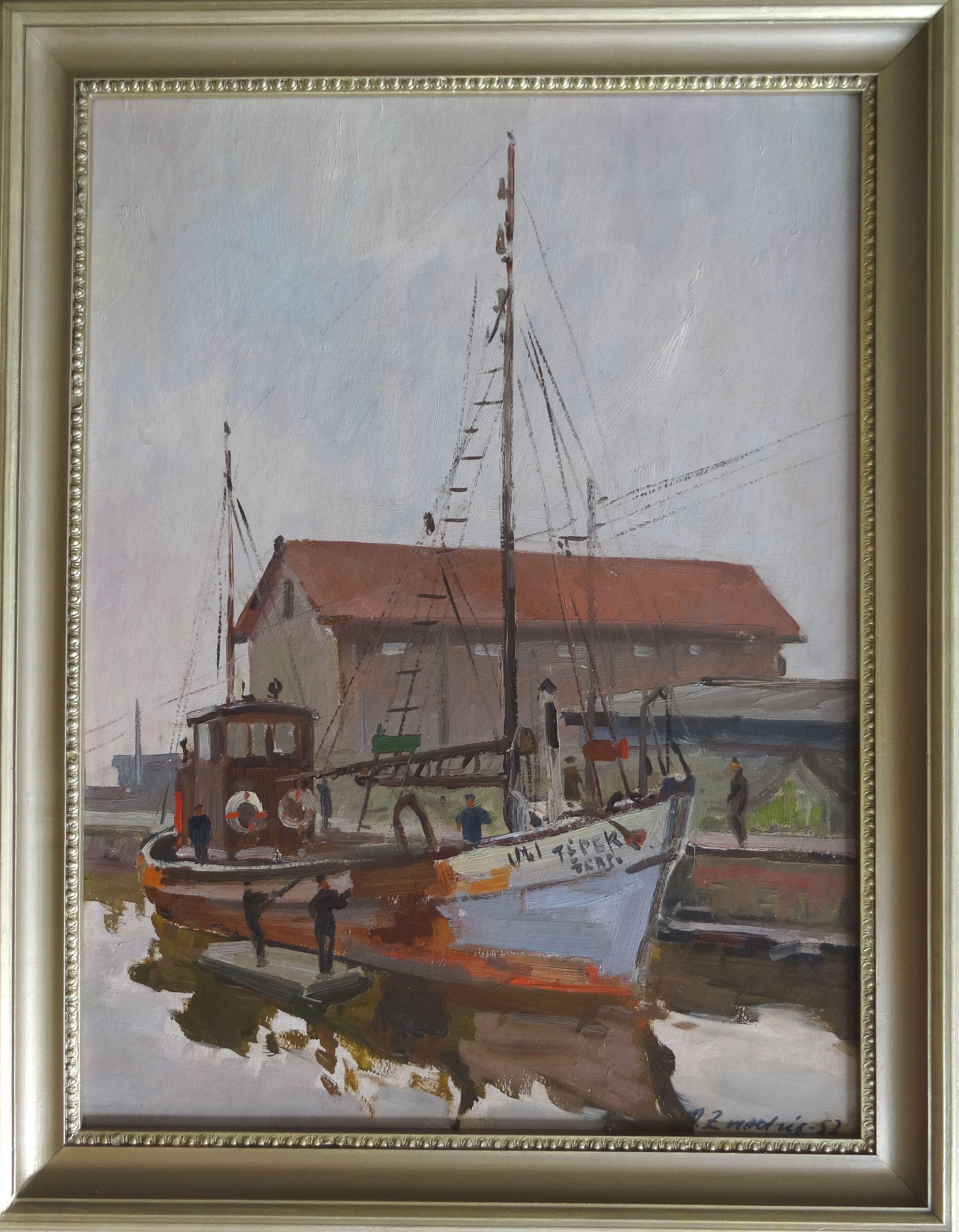Peinture de bateau. 1952, huile sur carton, 64 x 48,5 cm - Painting de Aleksandrs Zviedris 
