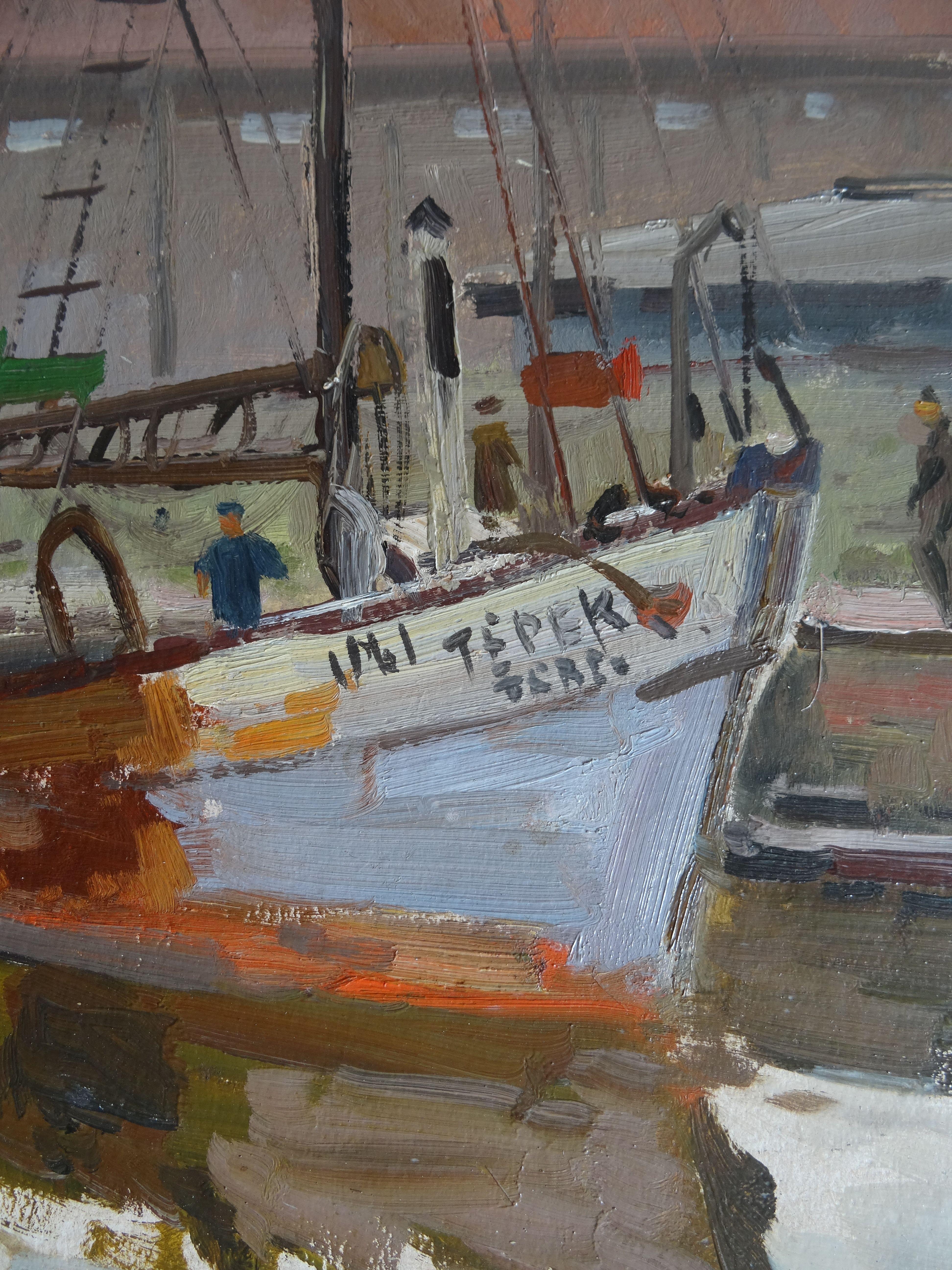 Peinture de bateau. 1952, huile sur carton, 64 x 48,5 cm - Réalisme Painting par Aleksandrs Zviedris 