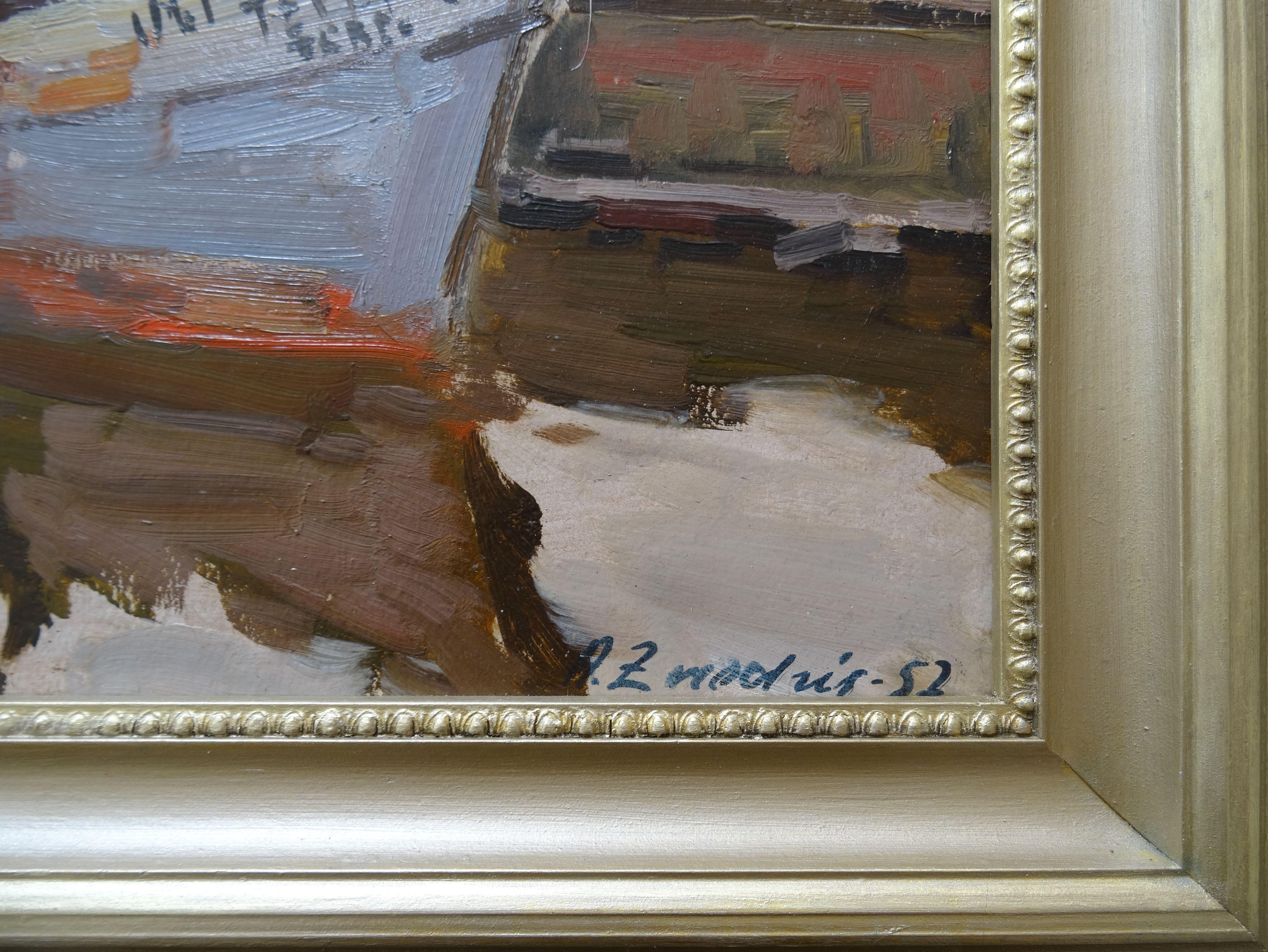 Peinture avec un bateau dans des couleurs brunes chaudes
A. Zviedris était membre de l'Union des artistes lettons depuis 1945 et a eu plus de 50 expositions personnelles en Lettonie. Il a beaucoup voyagé en yacht en Scandinavie et en Europe