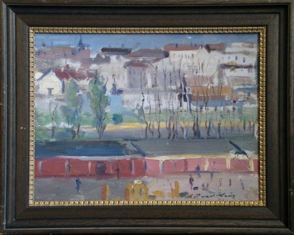 The street. 1960s. Oil on cardboard, 27x35, 5 cm  - Painting by Aleksandrs Zviedris 