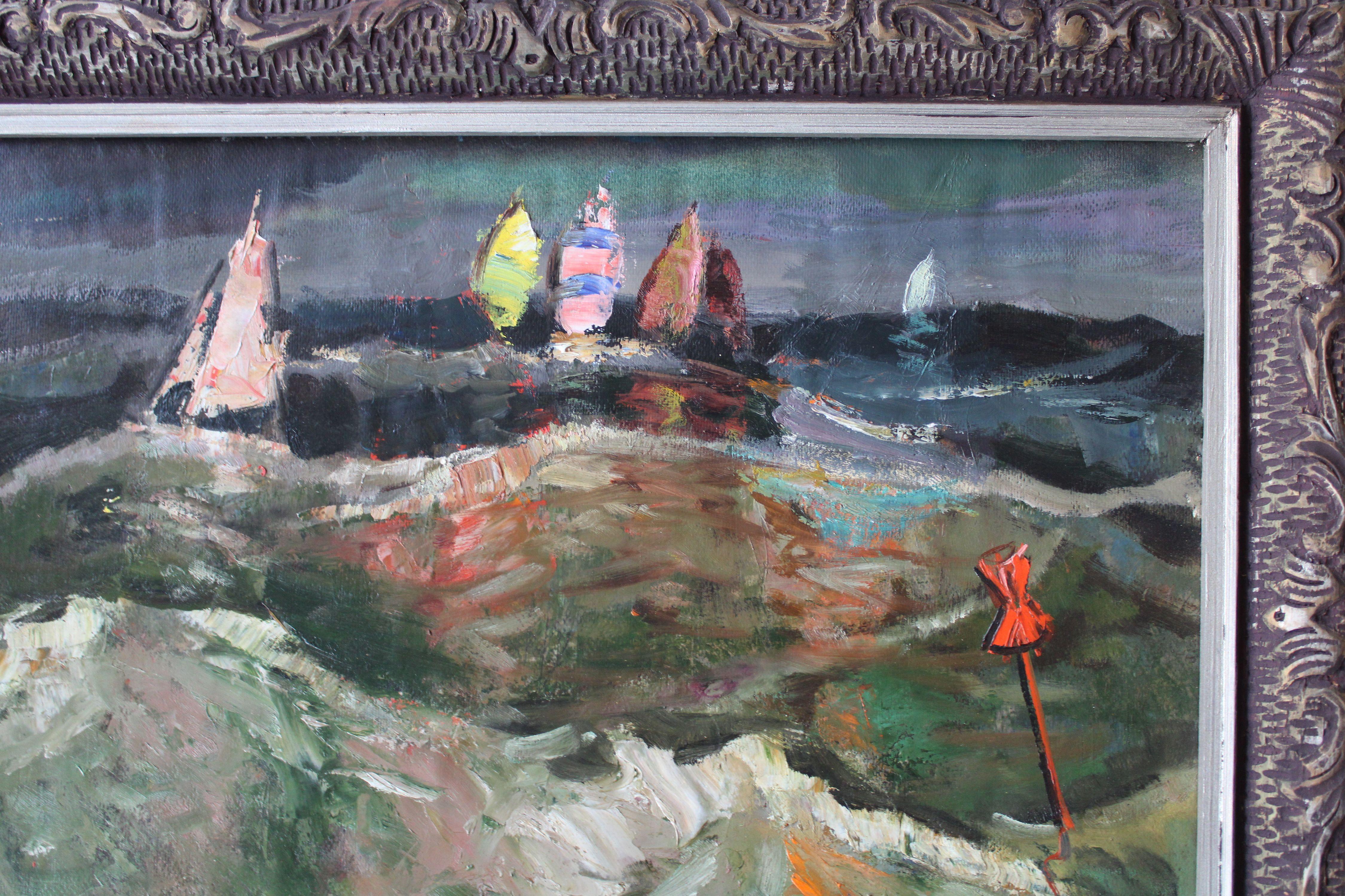 Yachts at sunset - Gray Landscape Painting by Aleksandrs Zviedris 