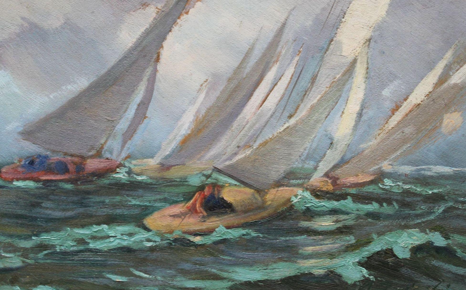 Yachts, carton/huile, 32x40 cm - Impressionnisme Painting par Aleksandrs Zviedris 