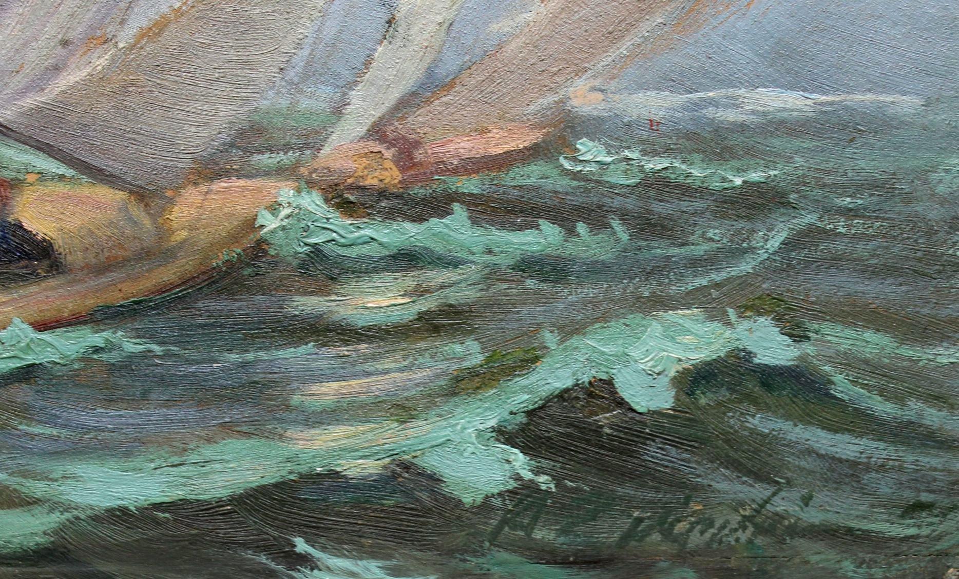 Yachts, carton/huile, 32x40 cm - Gris Landscape Painting par Aleksandrs Zviedris 