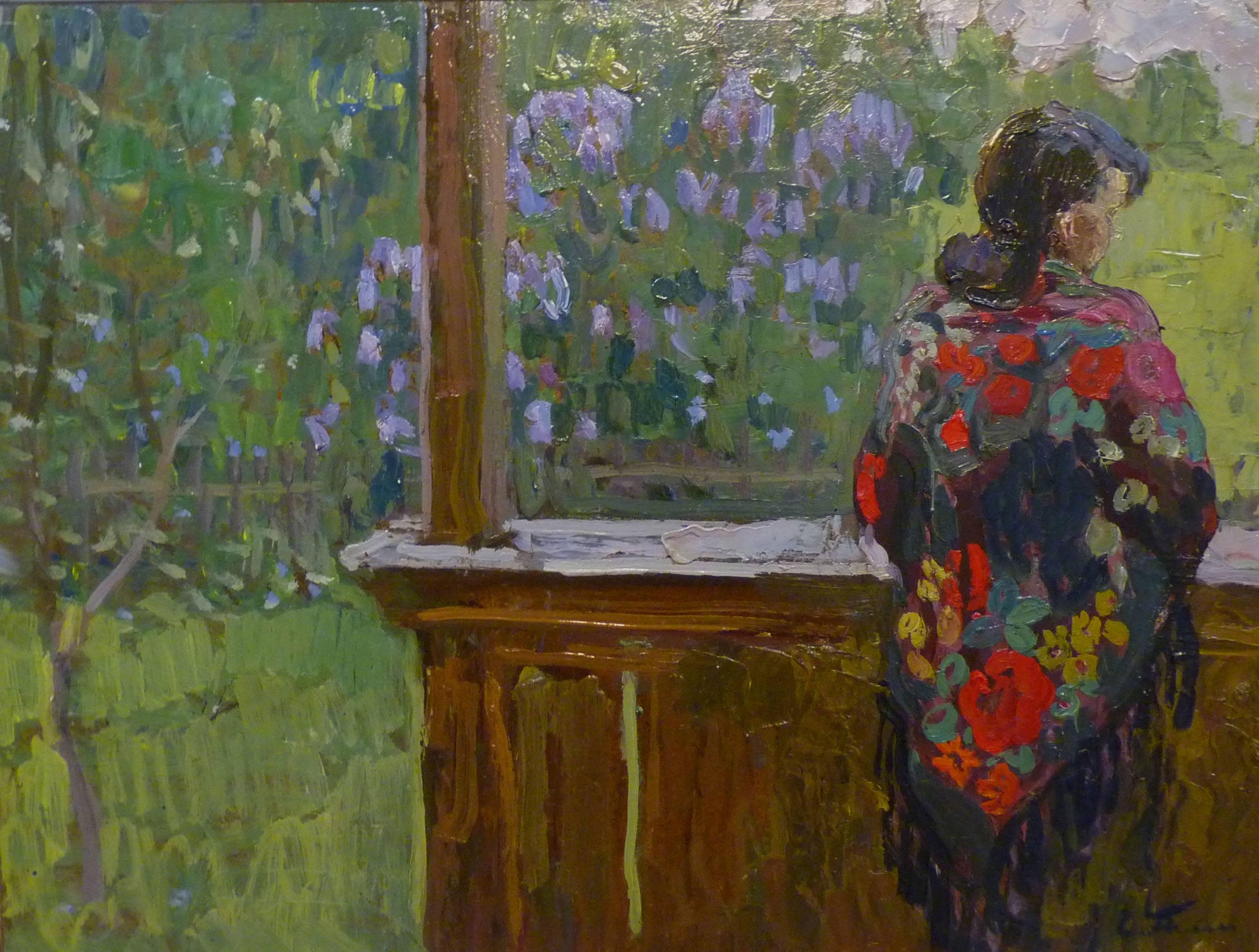Aleksei and Sergei Tkachev Figurative Painting - "On the veranda"  Sergej Tkachev  On the veranda, 1987, oil, cm. 47, 5 x 36