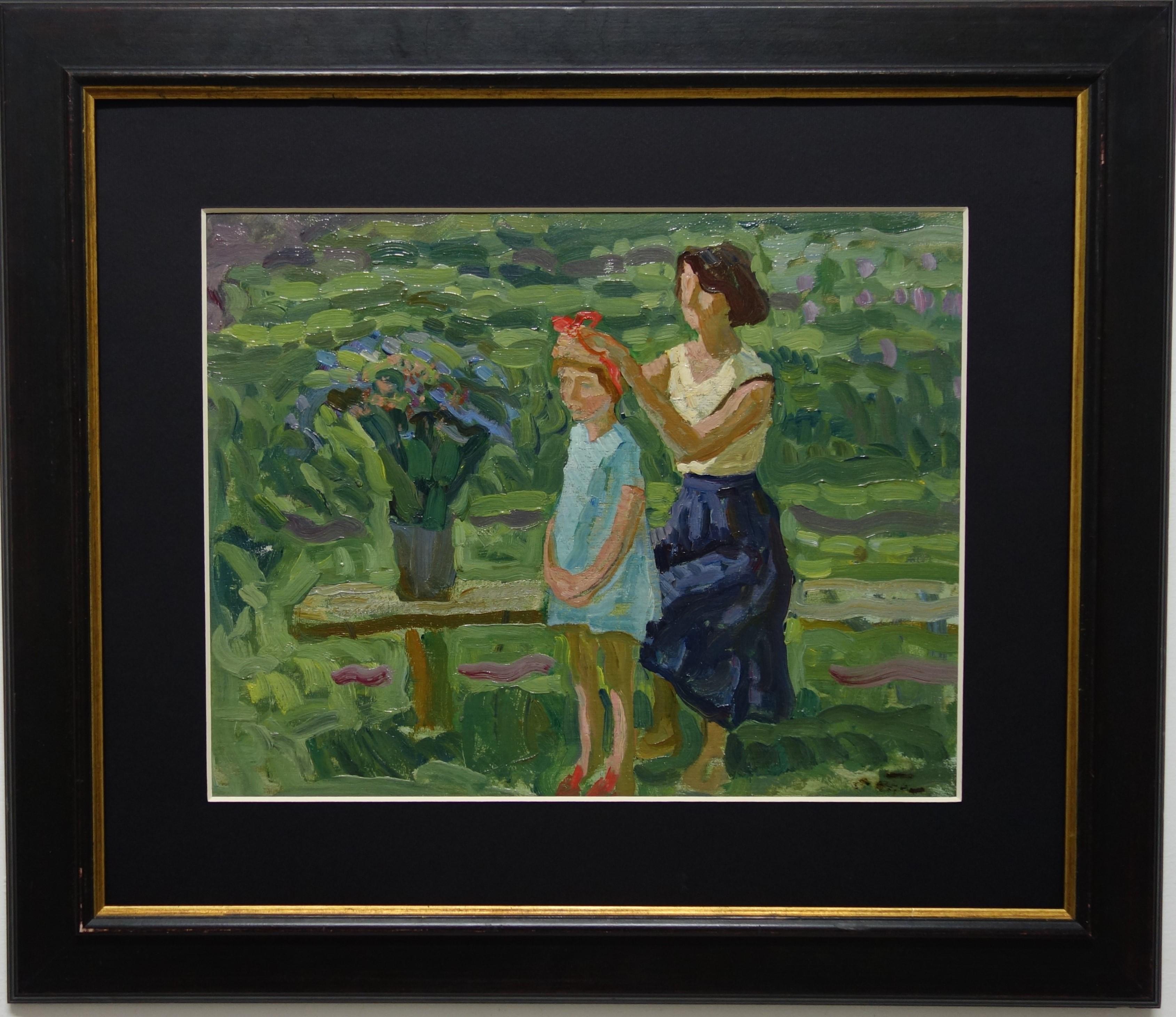 Aleksei and Sergei Tkachev Figurative Painting - "The braid " Mother's Day, Little Girl, Child  Oil  cm. 44 x 34  1984