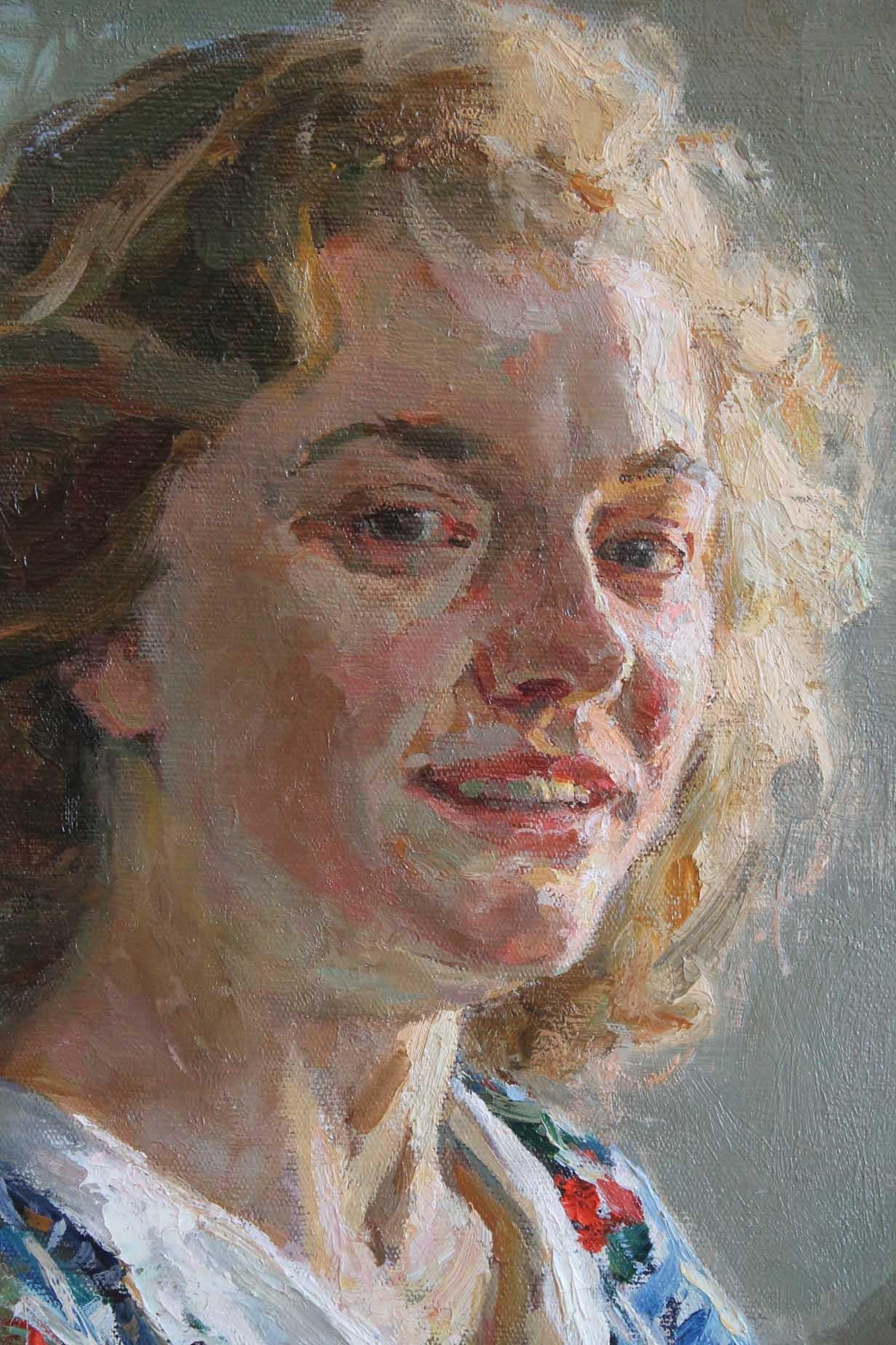 Schönes impressionistisches Porträt der Frau des sowjetischen Meisters Aleksei Belykh.  Belykh war ein russischer Künstler aus Swerdlowsk.  Das Gemälde ist signiert und datiert und in sehr gutem Zustand.  Es ist in einen 22-karätigen Goldrahmen