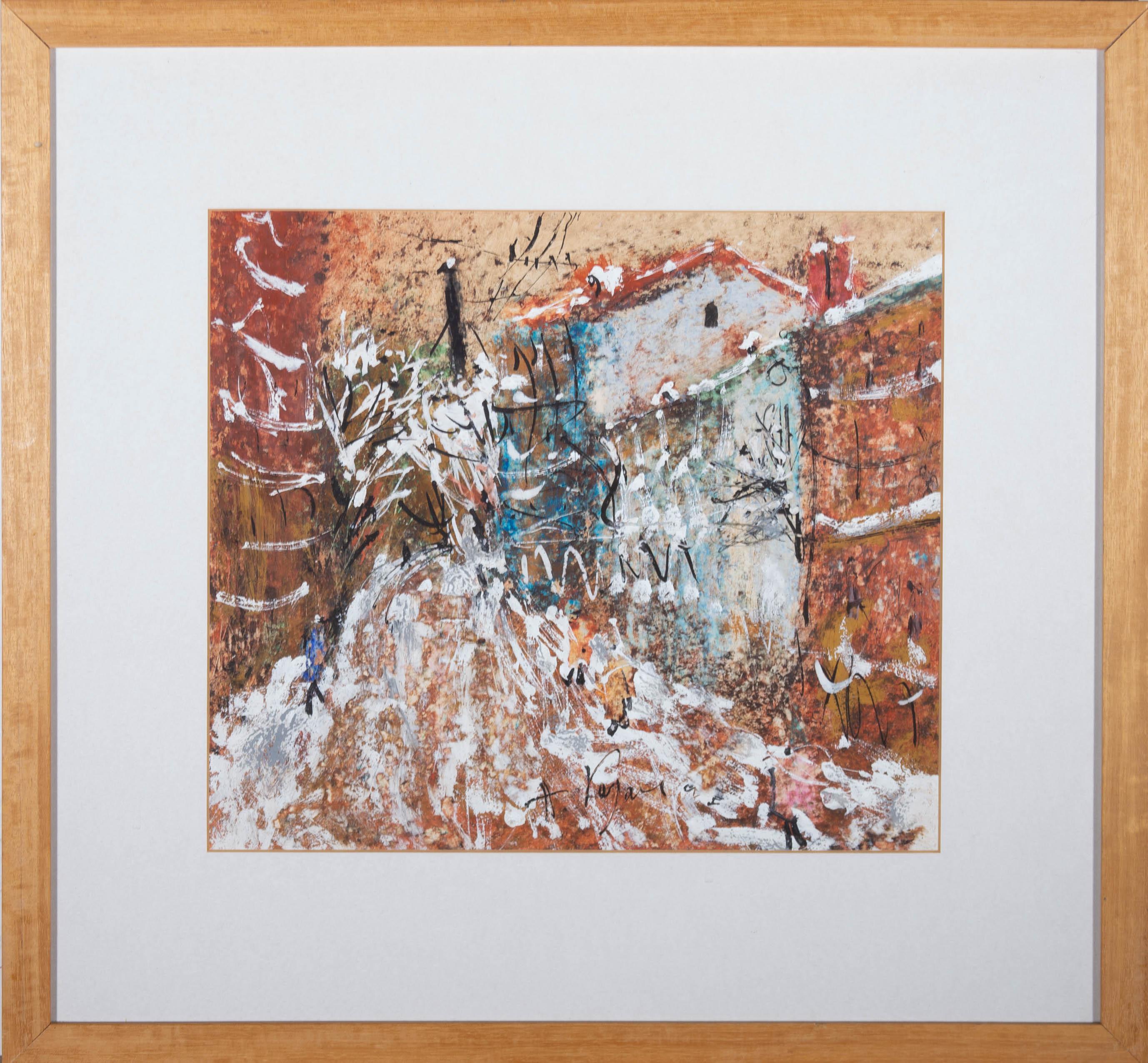 An acrylic, gouache and pen and ink painting by Russian artist Aleksej Kazachenko, depicting a street scene. Signed to the lower margin. The artist's name and title are inscribed on the reverse. Presented in a card mount and in a light wooden frame.