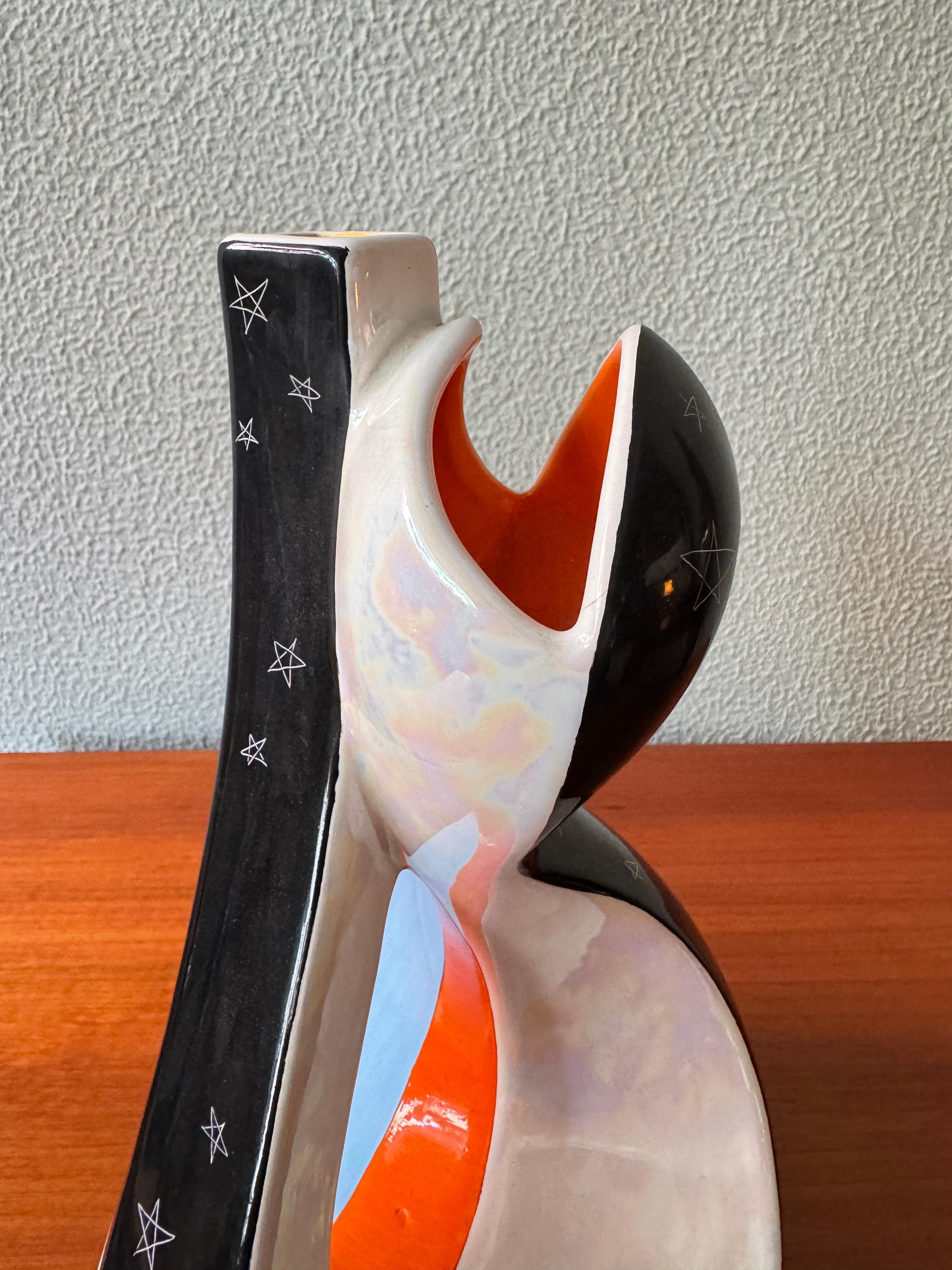 'Aleluia Portuguese Midcentury Biomorphic Ceramic Vase Blue Orange Stars Pattern in vendita 9