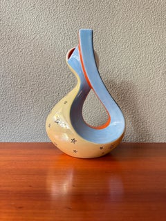 'Aleluia Portuguese Midcentury Biomorphic Ceramic Vase Blue Orange Stars Pattern