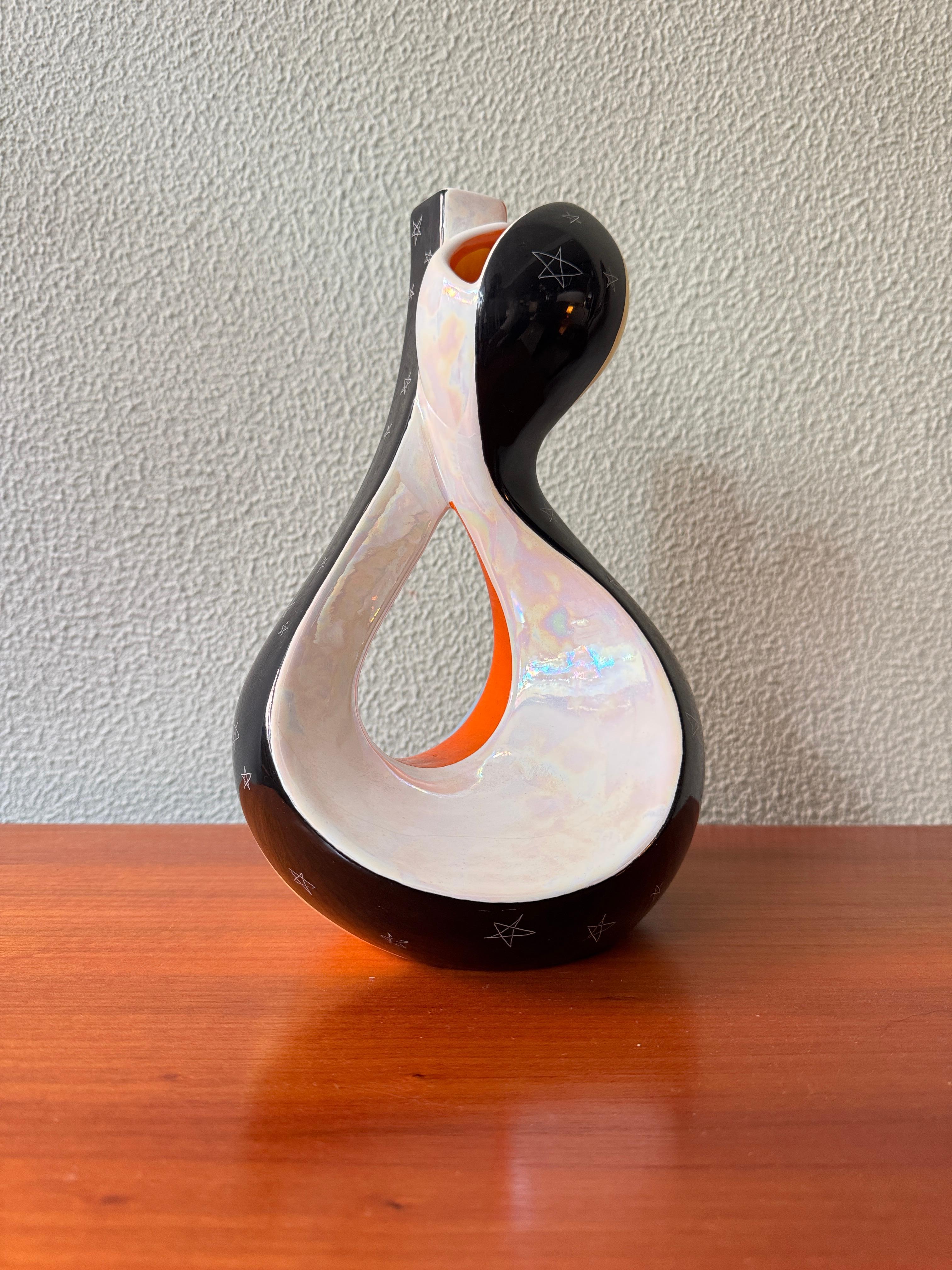 Portoghese 'Aleluia Portuguese Midcentury Biomorphic Ceramic Vase Blue Orange Stars Pattern in vendita