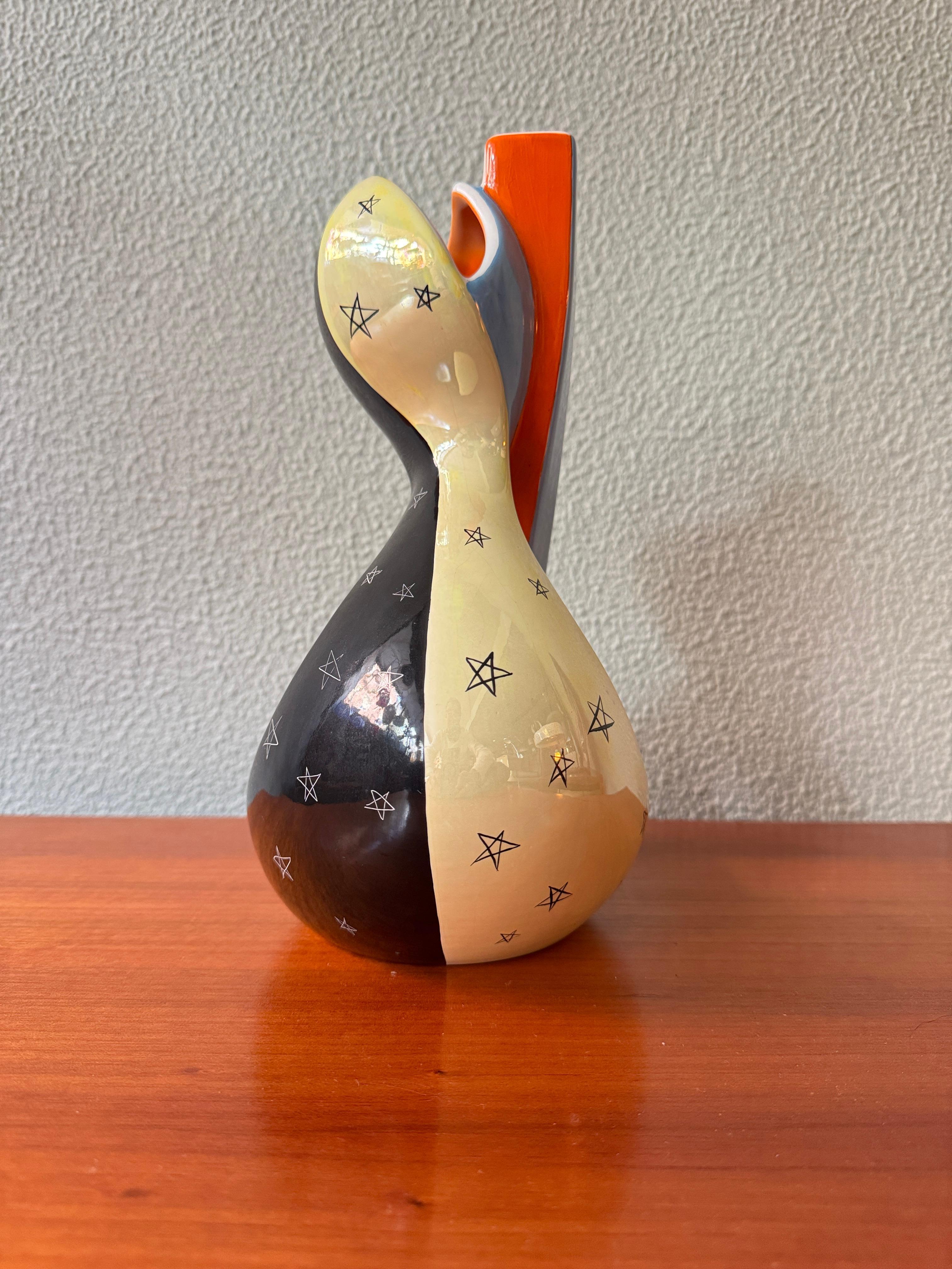 Ceramica 'Aleluia Portuguese Midcentury Biomorphic Ceramic Vase Blue Orange Stars Pattern in vendita