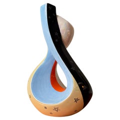 
Aleluia Portuguese Midcentury Biomorphic Ceramic Vase Blue Orange Stars Pattern