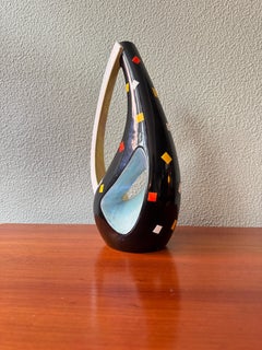 Aleluia Portuguese Midcentury Black Ceramic Biomorphic Vase Yellow-Blue Interior