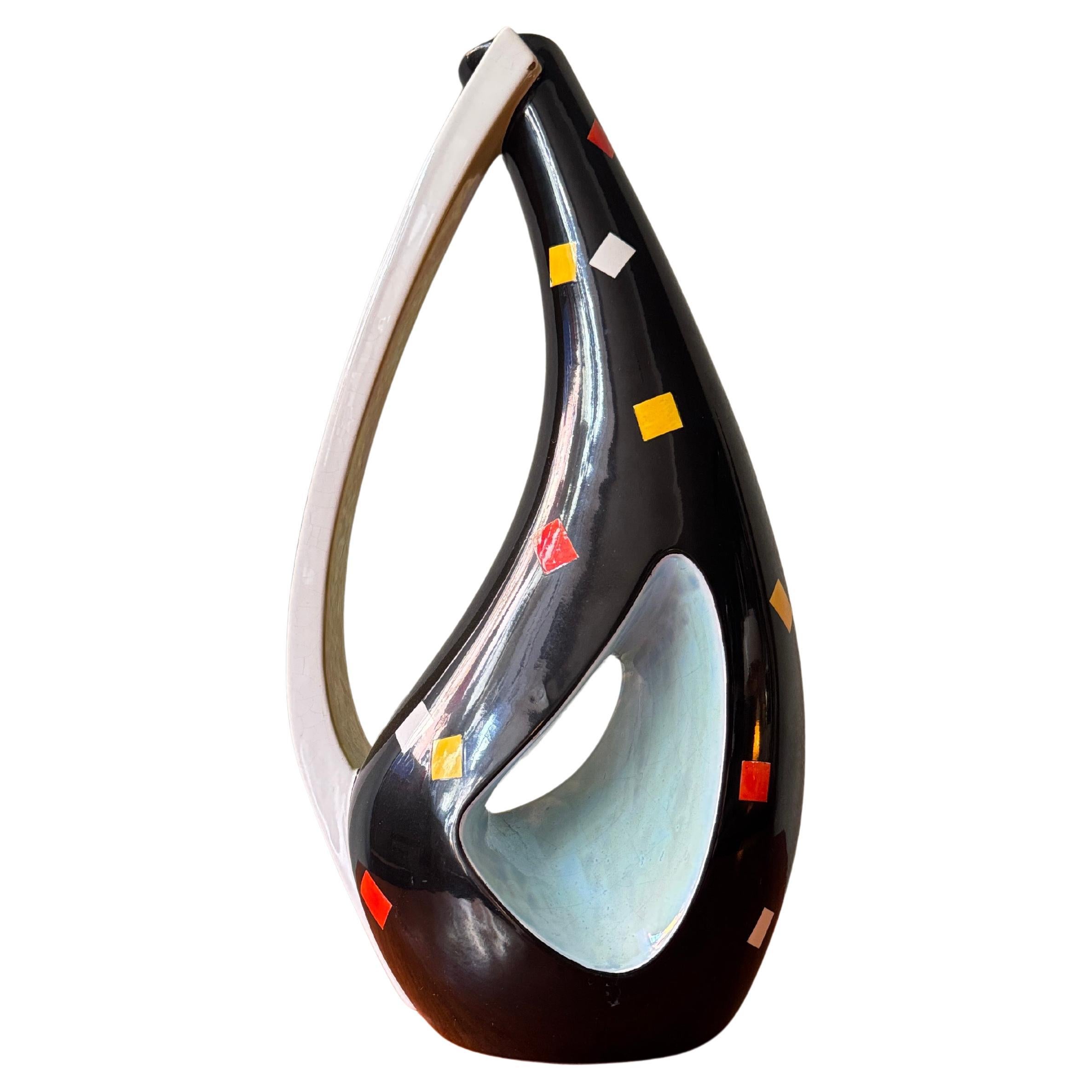 Aleluia Portuguese Midcentury Black Ceramic Biomorphic Vase Yellow-Blue Interior