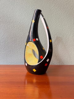 Aleluia Portuguese Midcentury Black Ceramic Biomorphic Vase Yellow-Grey Interior