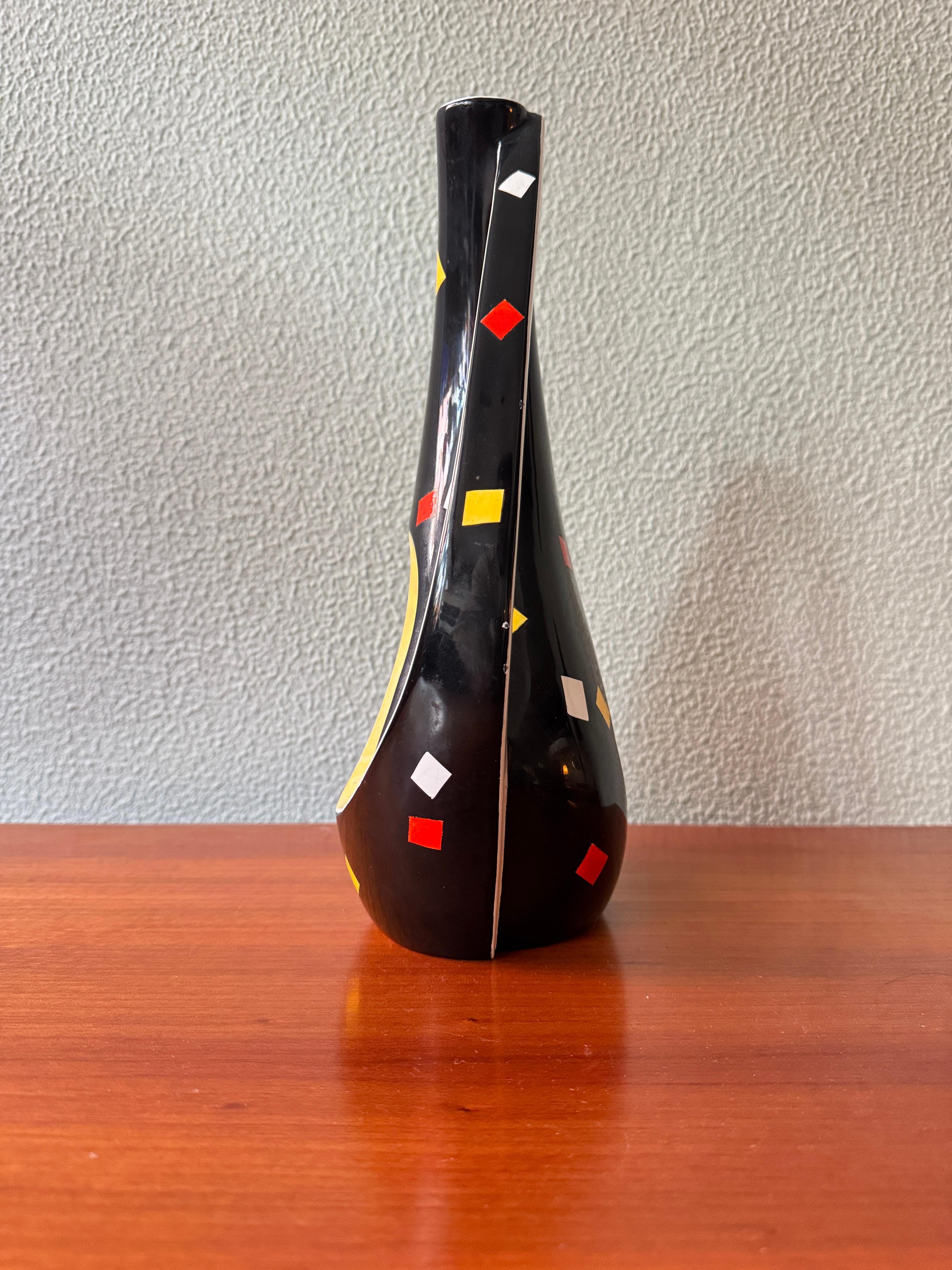 Aleluia Portugiesisch Midcentury Schwarz Keramik Biomorphic Vase Gelb-Grau Innenraum (Moderne der Mitte des Jahrhunderts) im Angebot