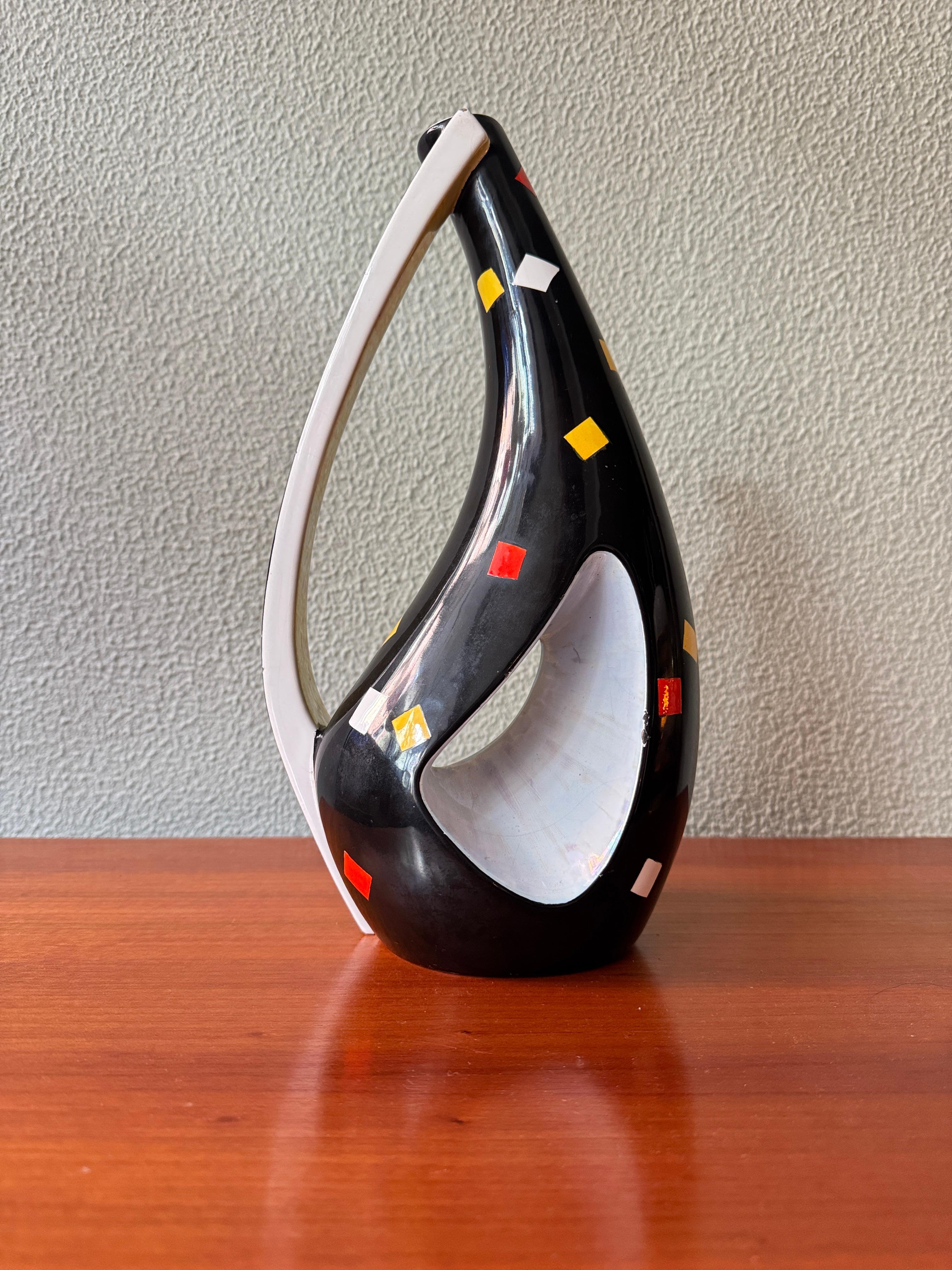 Aleluia Portugiesisch Midcentury Schwarz Keramik Biomorphic Vase Gelb-Grau Innenraum (Mitte des 20. Jahrhunderts) im Angebot