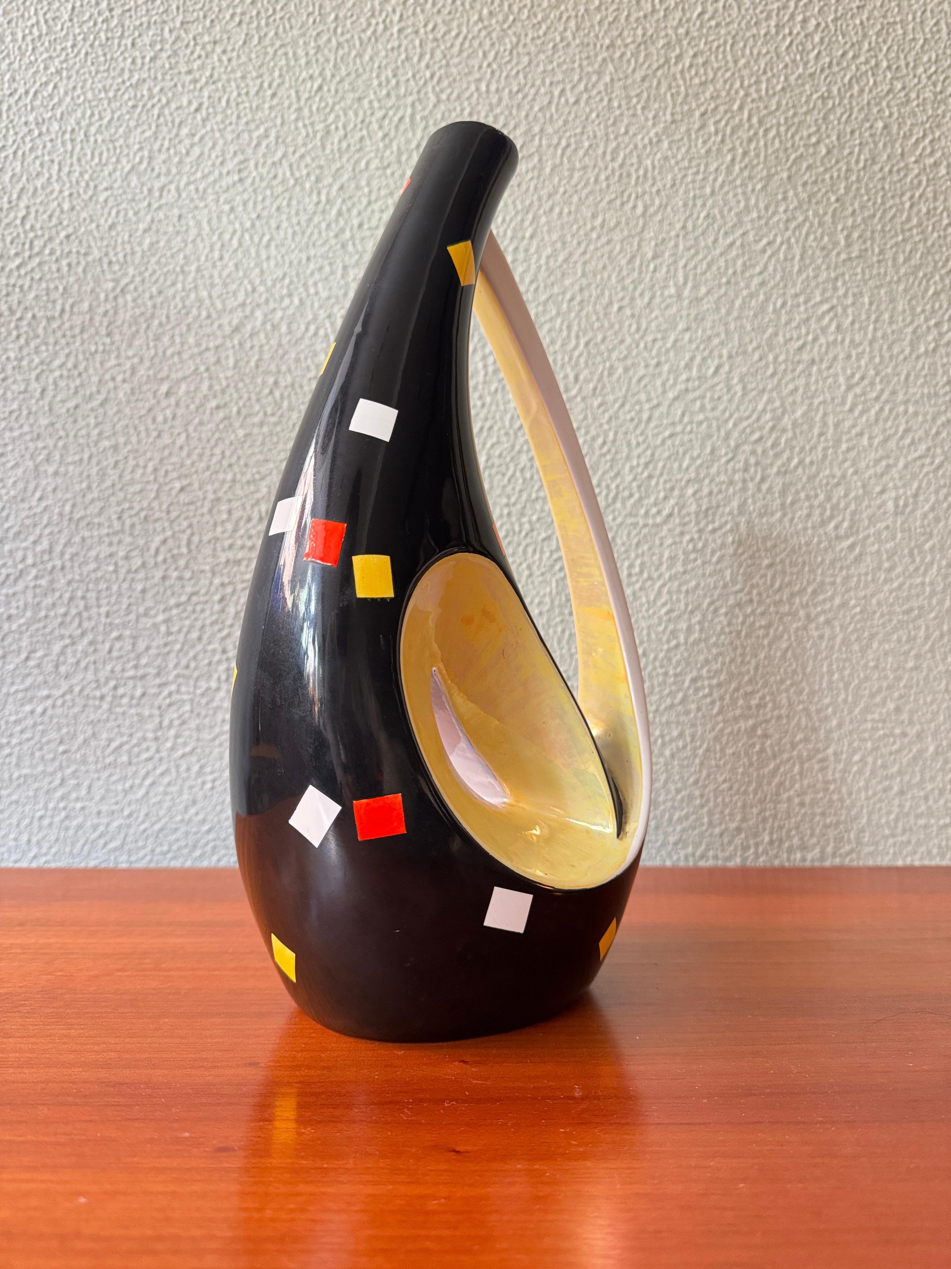 Aleluia Portugiesisch Midcentury Schwarz Keramik Biomorphic Vase Gelb-Grau Innenraum im Angebot 3